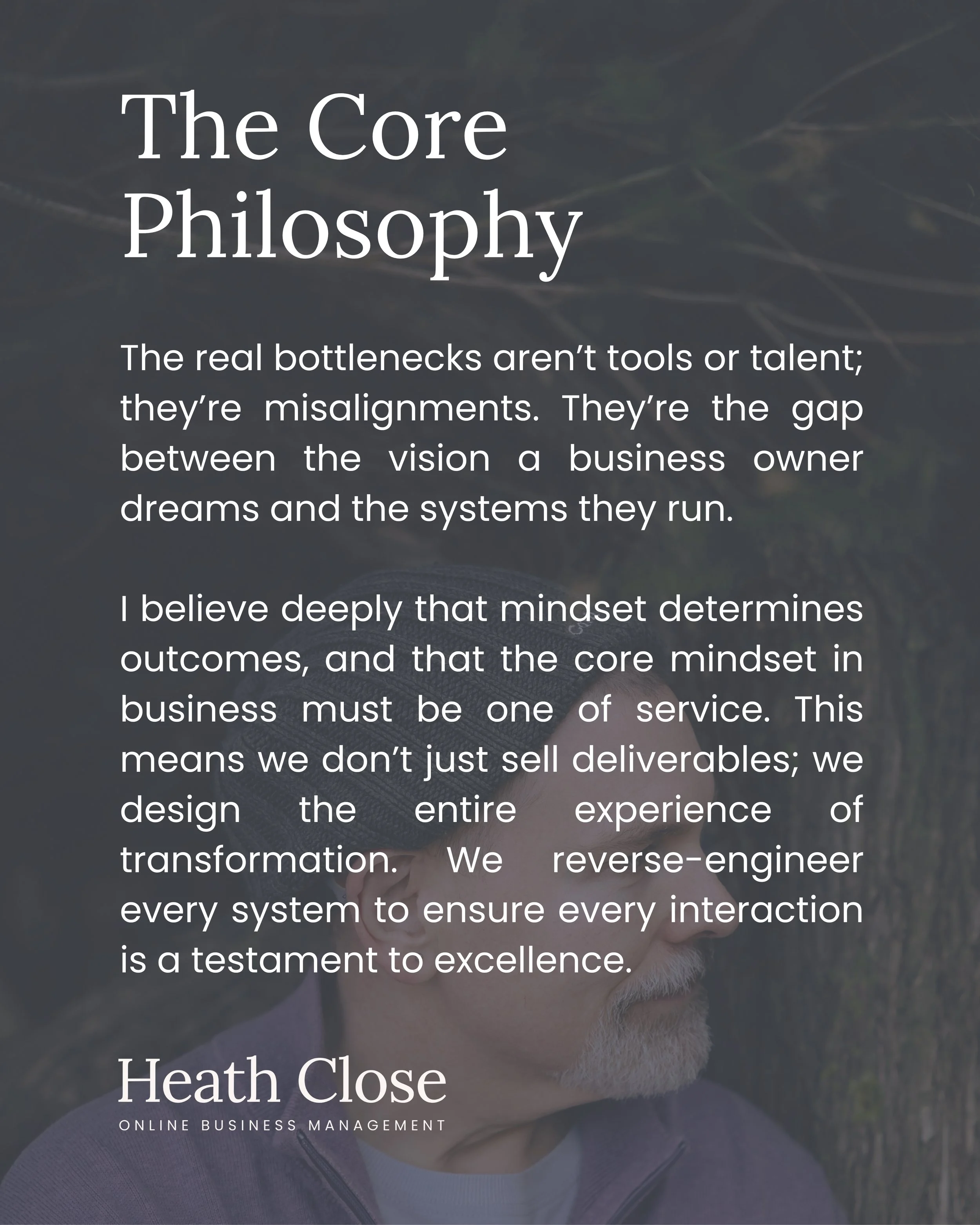 A person with a white beard wearing a hat and purple jacket outdoors, with overlaid text about business philosophy.