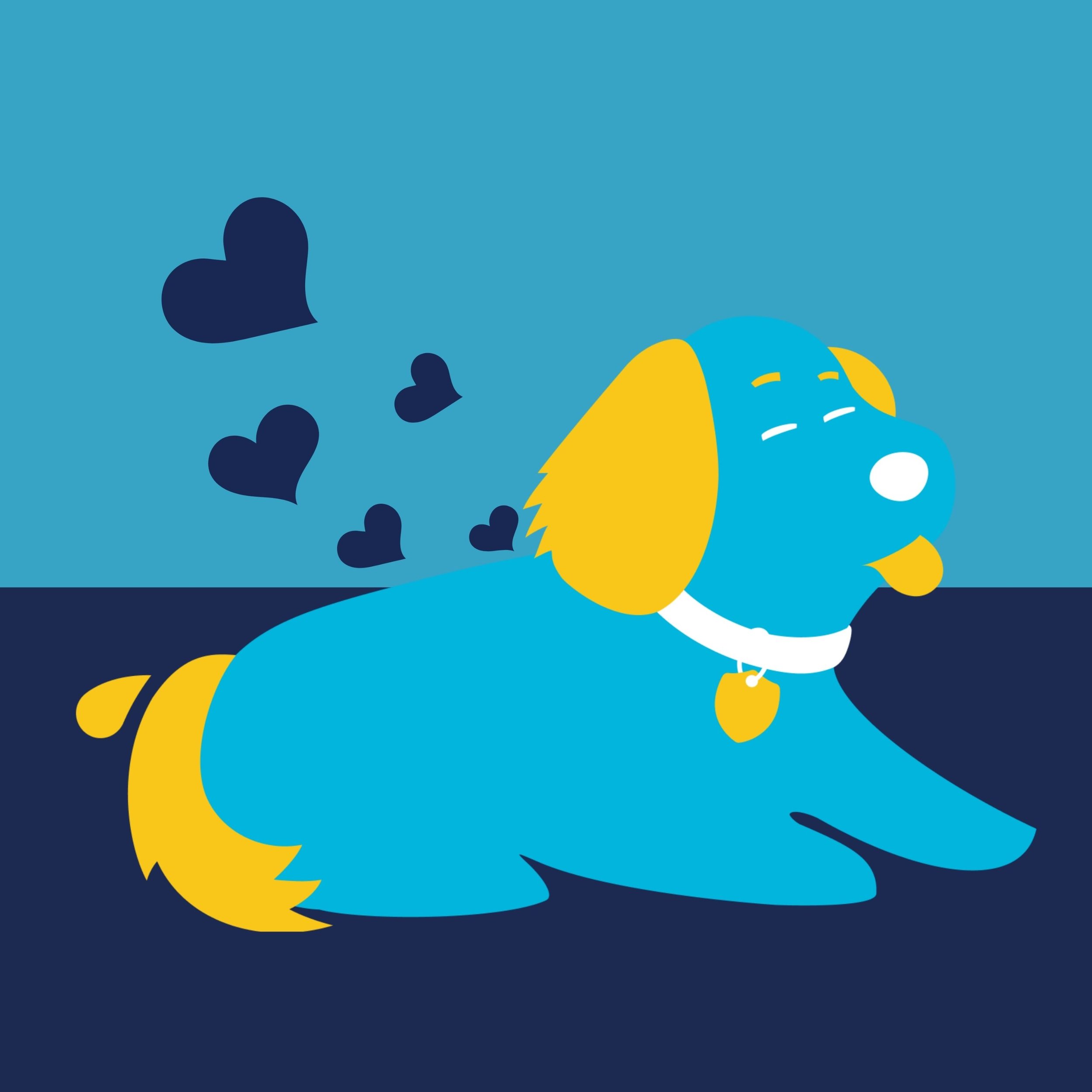 A blue cartoon dog lying down with closed eyes, emitting floating black hearts from its tail, set against a light blue and dark blue background.