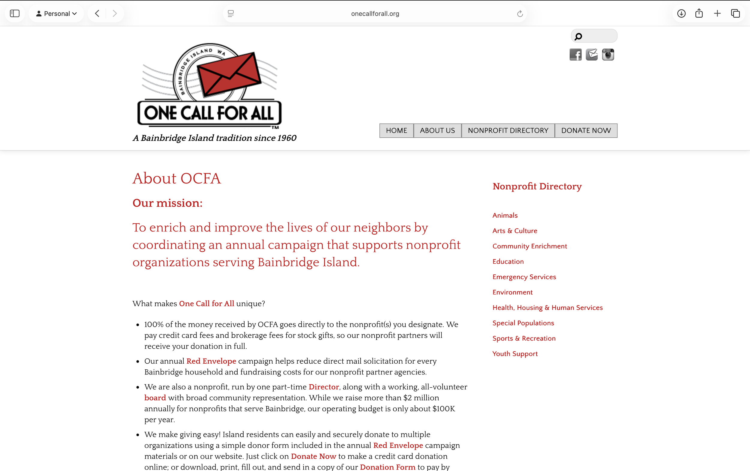 Screenshot of a nonprofit organization website called One Call for All, featuring the organization's logo and mission statement, with navigation buttons and contact icons.