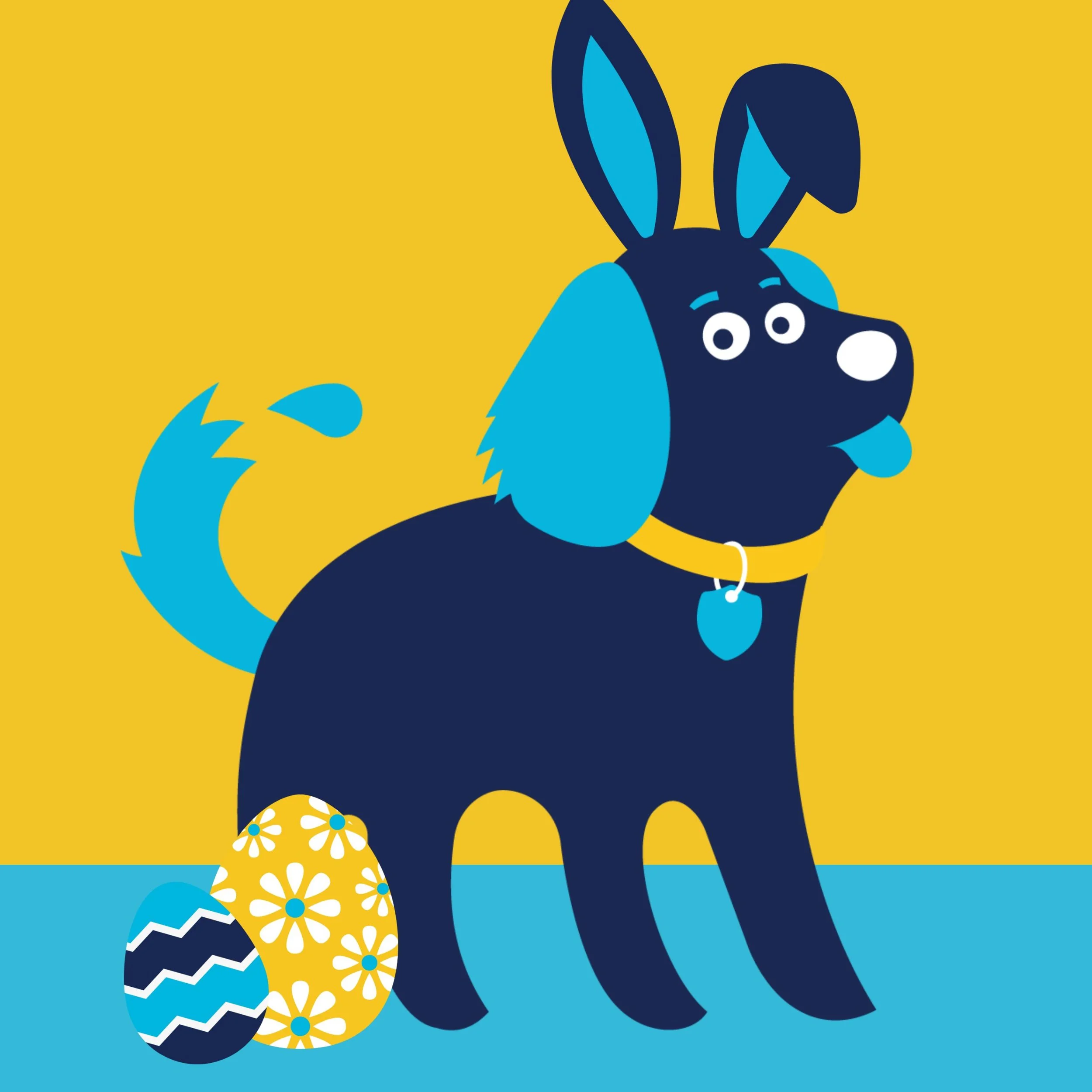 Cartoon illustration of a playful dark blue dog with light blue ears, tail, and face markings, sticking out its tongue, sitting on a light blue surface against a yellow background. There are two decorated Easter eggs, one yellow with white flowers and blue centers, and the other blue with white zigzag and chevron patterns, placed near the dog's tail.