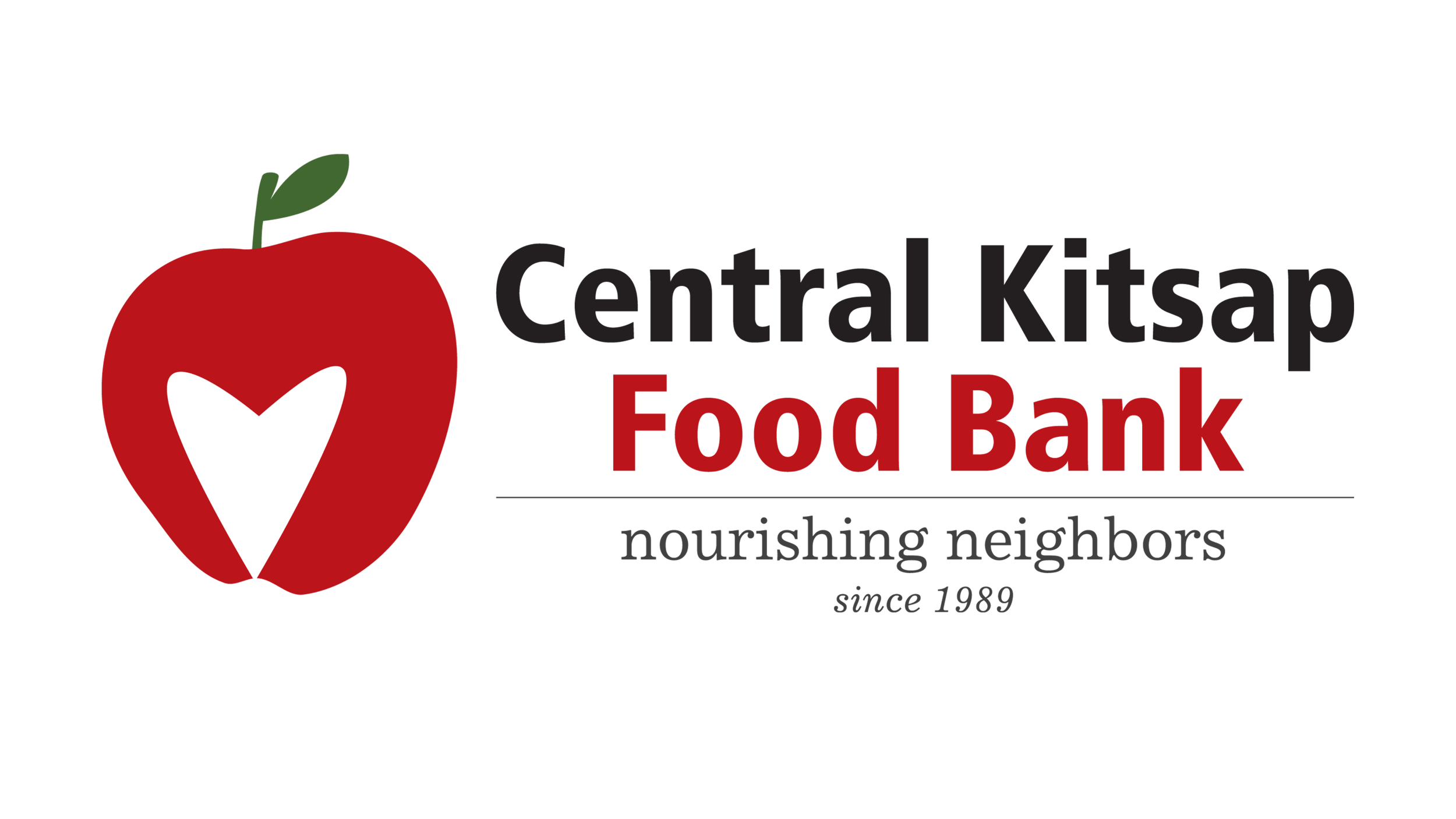 Logo of Central Kitsap Food Bank with a stylized red apple and green leaf, featuring black, gray, and red text indicating it has been serving neighbors since 1989.