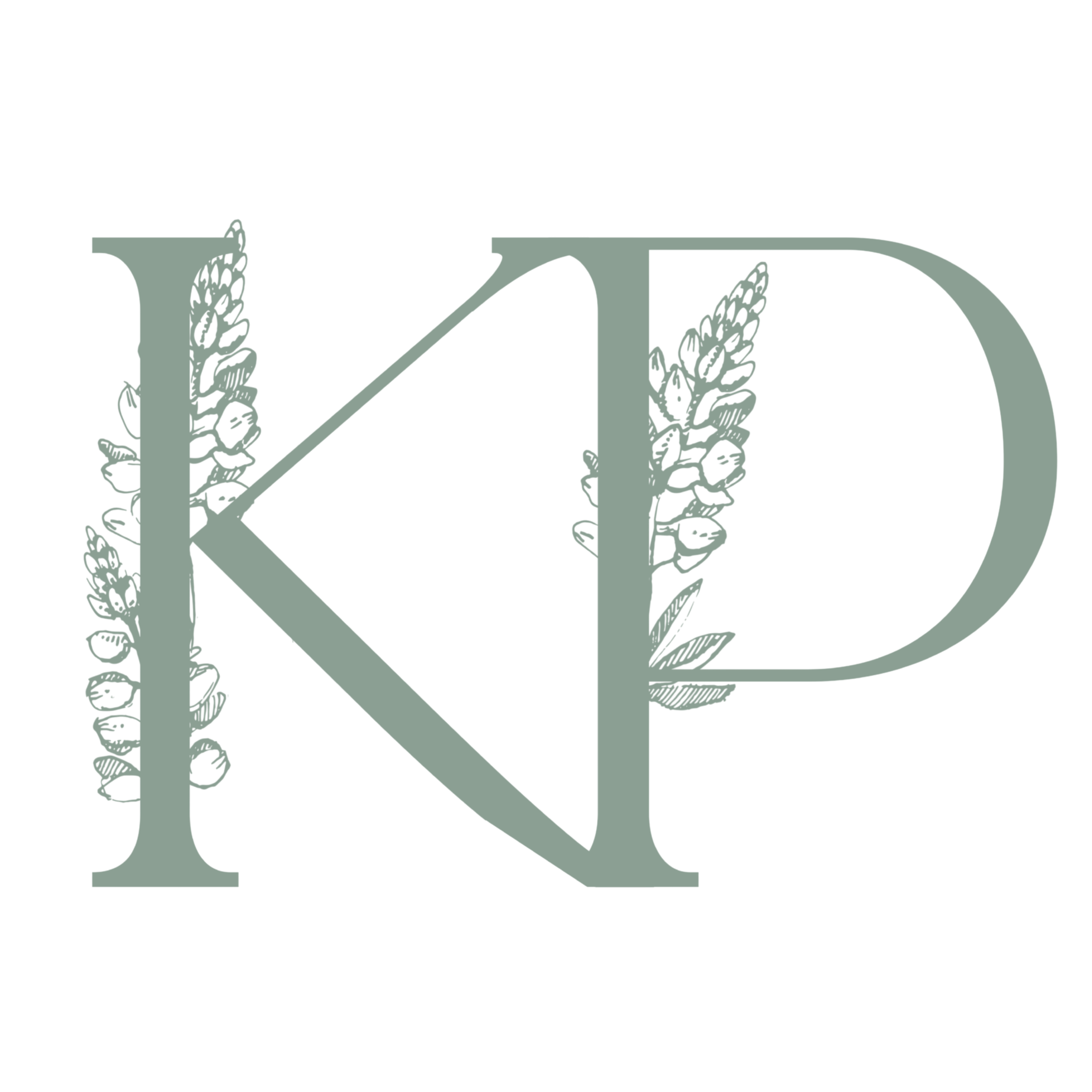A stylish logo with the letters 'K' and 'P' on a black background, decorated with botanical illustrations of lavender flowers.