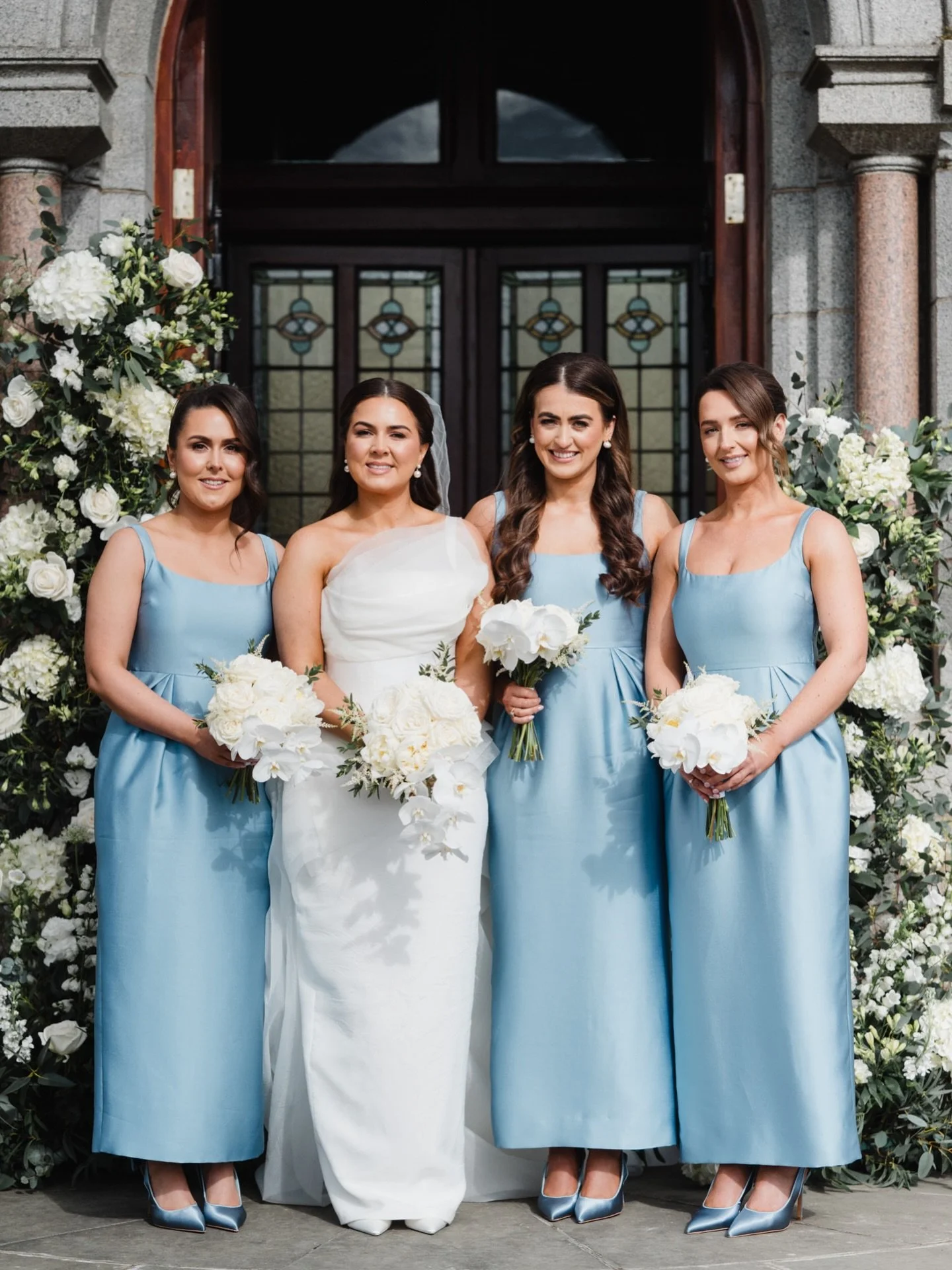 All the ladies 🤍 with the colour of the season 🩵
@bronaghquinn___ 
Flower entrance @nettles_petals 
@lk_lulabellebeauty 
@studiosix_cookstown 
Dress @theonebysineadcorcoran 
#weddingseason2026 #bridalparty #weddingday