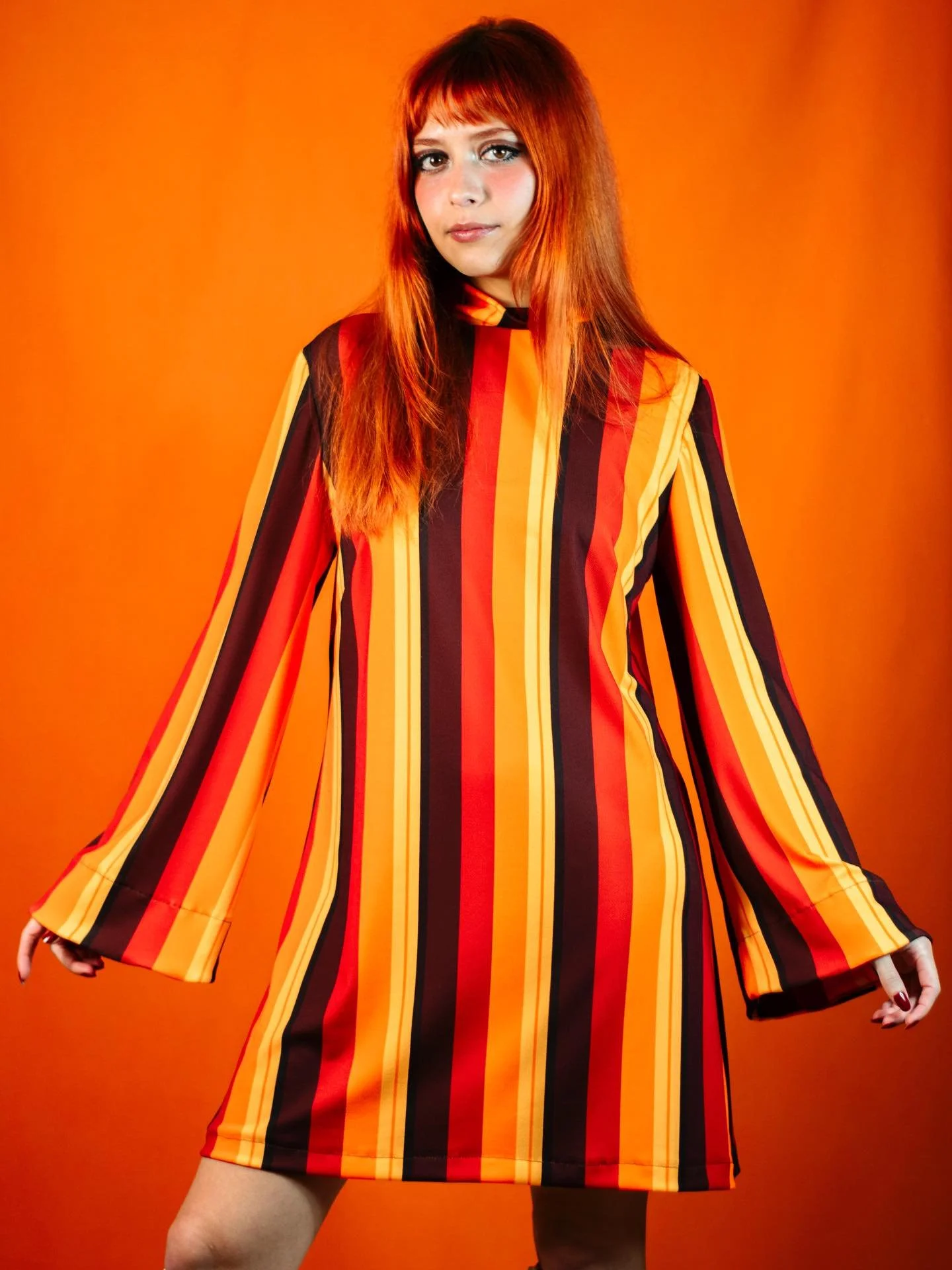 We are back after a small break to bring you some groovy threads again!✨
This week&rsquo;s pick goes to the Pattie Orange Stripes Minidress🧡
.
.
.
.
.
.
.
#70s #fashion #groovy