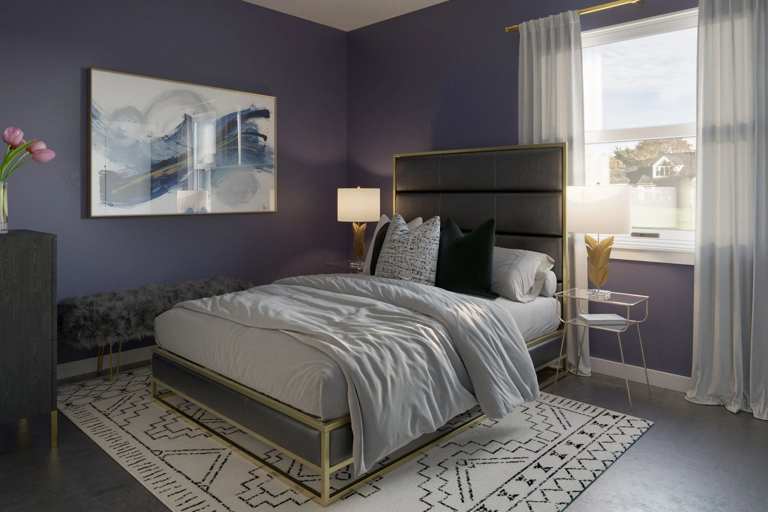 Moody glam bedroom design with dark was, luxe window treatments and oversized artwork.