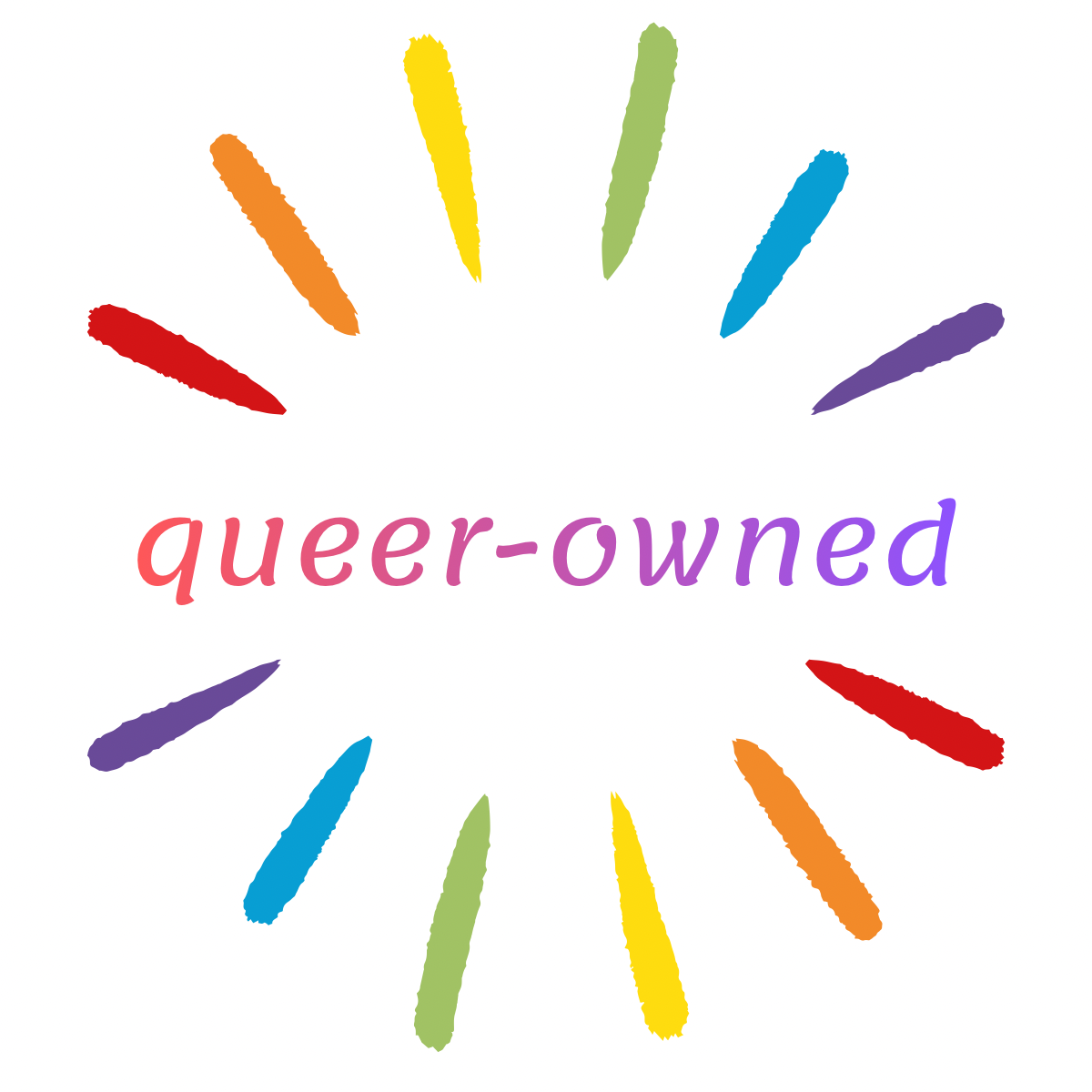 Rainbow sunburst circle with the words queer-owned in the center