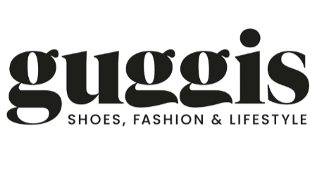 Logo mit dem Text 'guggis - Schuhe, Mode & Lifestyle' auf schwarzem Hintergrund.