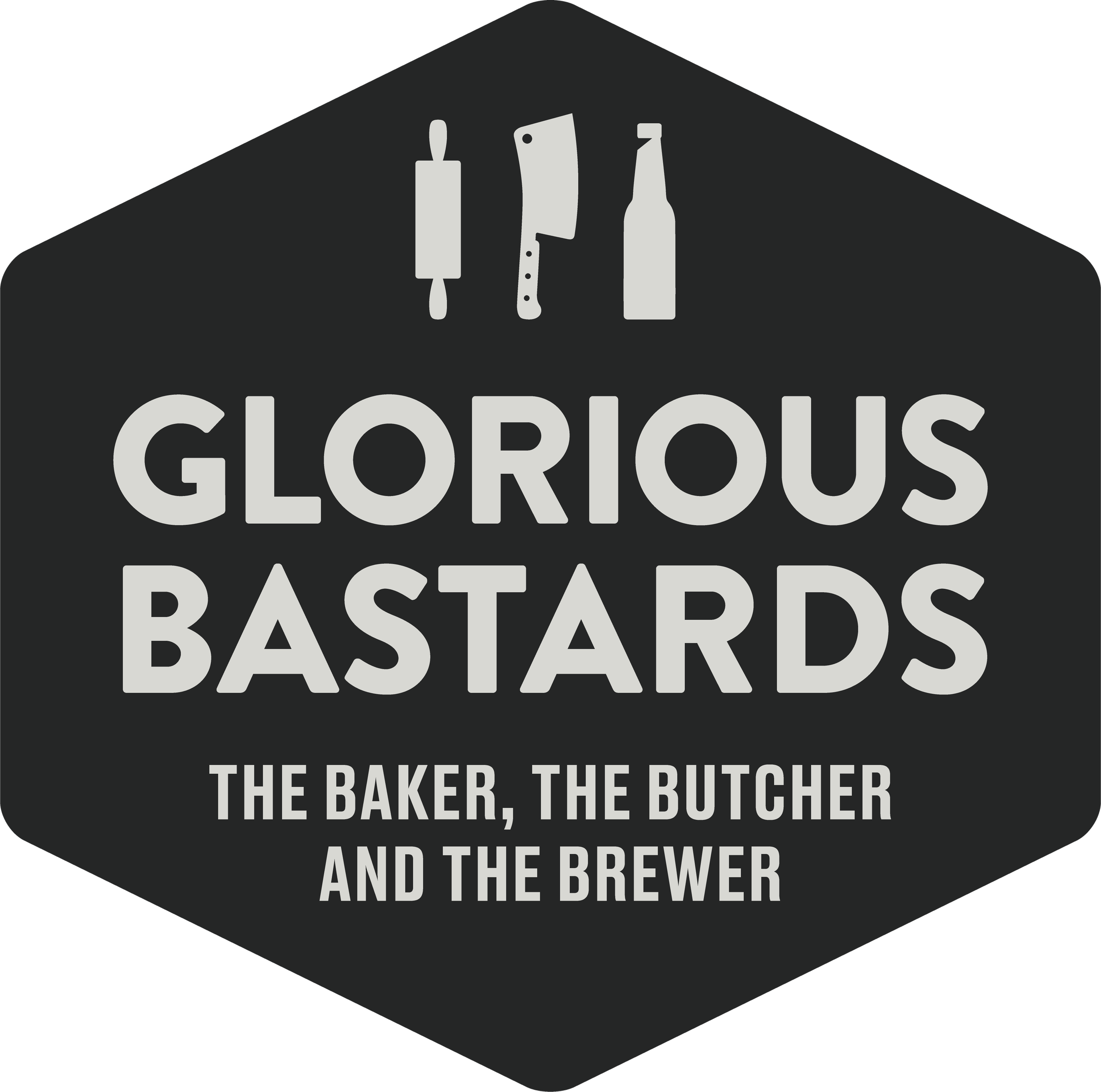 Logo mit Grafiken von Kochutensilien und Text in Großbuchstaben: 'From glorious crops, to the baker, the butcher and the brewer'.