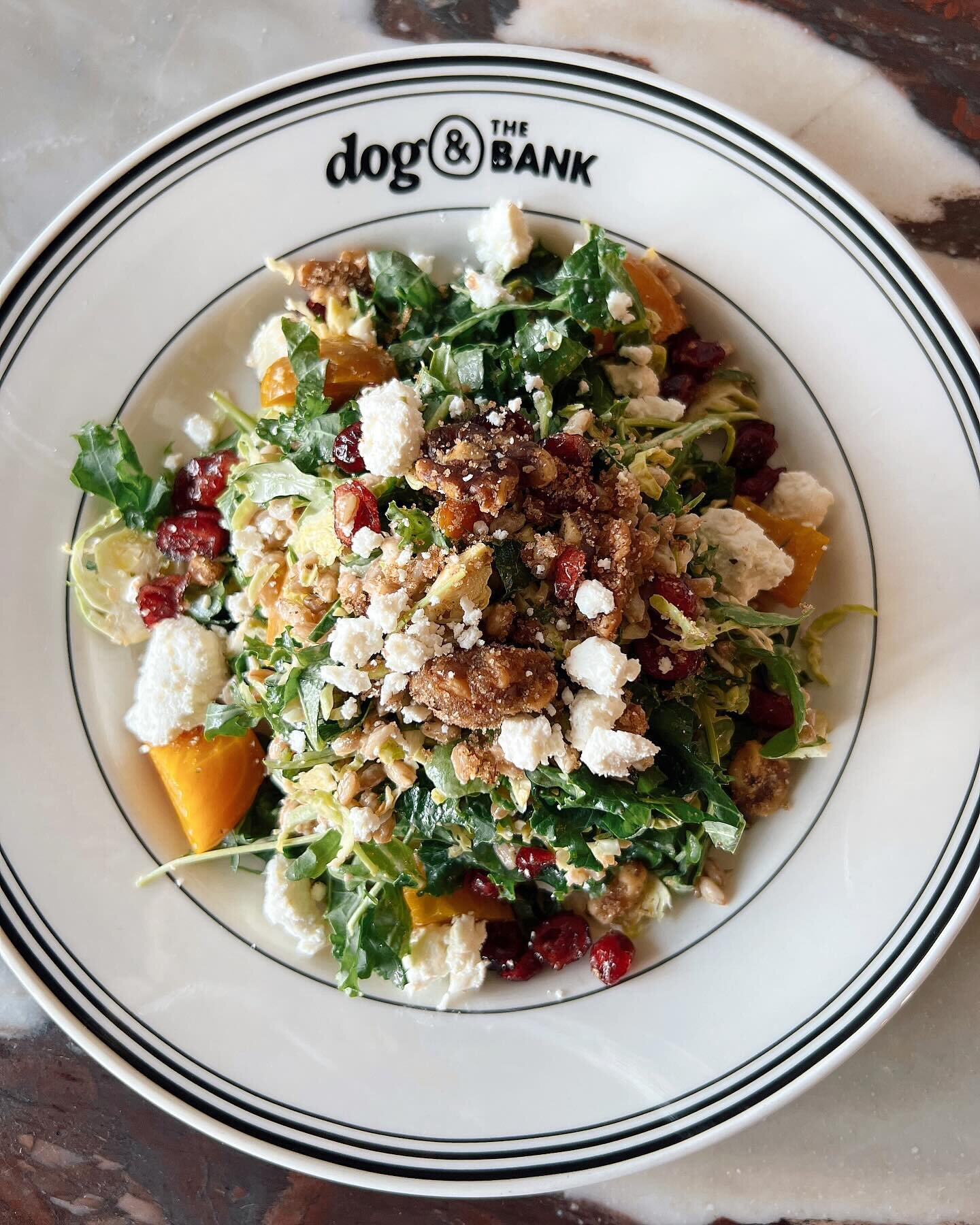 Who else needs some color on this dreary January day?! 🙋🏻&zwj;♀️ Winter Chopped Salad with Dried Cranberries, Red Wine Vinaigrette, Goat Cheese, Beets, Candied Walnuts, Kale, Brussel Sprouts &amp; Arugula Mix!