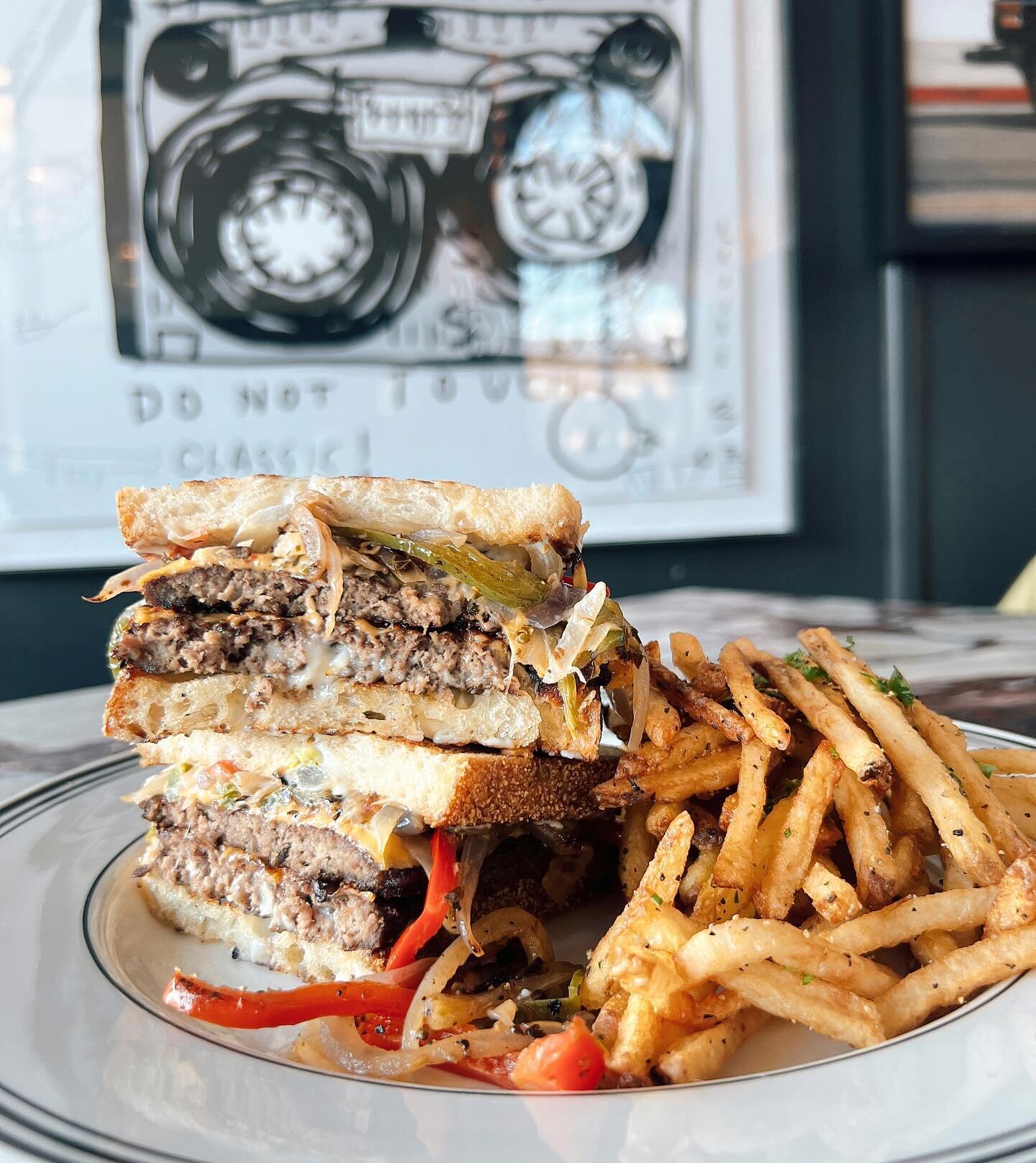 LUNCH with a side of rain! ☔️ &ldquo;Patty Melt&rdquo; - 4 ounce Double Smash Patty, Fajita Vegetables, American Cheese &amp; Dukes Mayo!