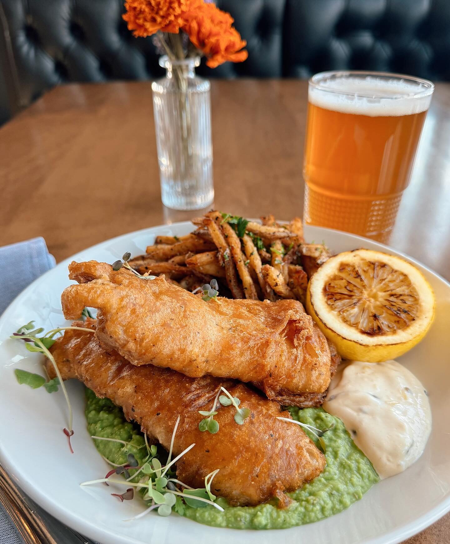 Fish &amp; Chips with Beer Battered Lake Superior White Fish, Pea Pur&eacute;e, House Tartar Sauce, Seared Lemon &amp; Herb Fries!