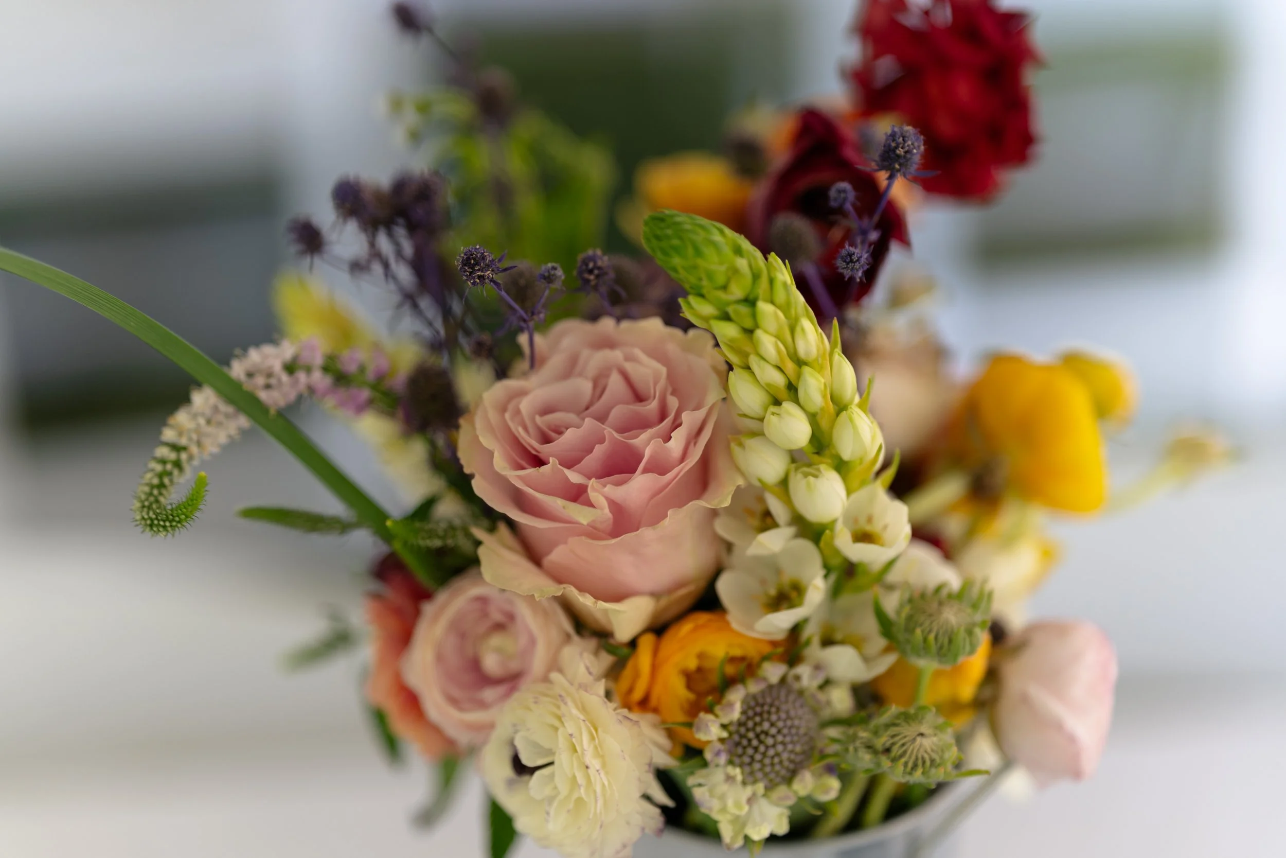 A colorful bouquet of various flowers including pink roses, white lupines, yellow ranunculus, and purple thistles, arranged in a soft focus background.