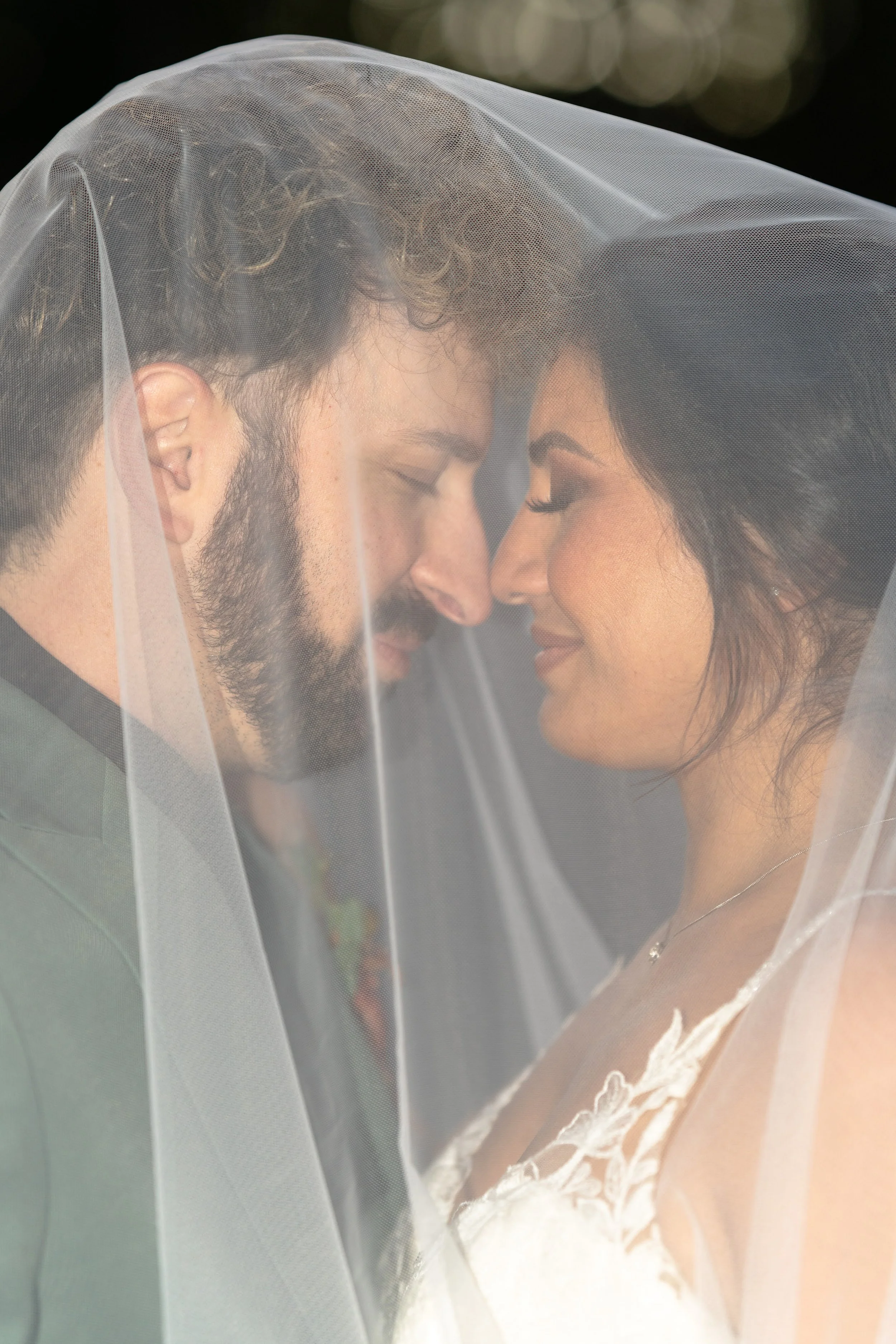 Bride and groom smiling under a wedding veil, close up.