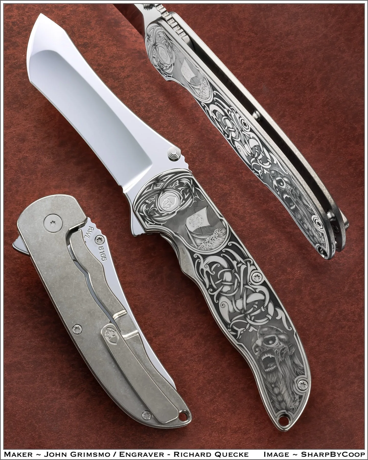 The fun Norseman I was asked to engrave for a client.
@johngrimsmoknives @grimsmo.official  made the Norseman.

High mirror blad polish by @steve_miller_man
 
Great photos from @sharpbycoop as always. 

Pretty cool a few hands were involved in this o
