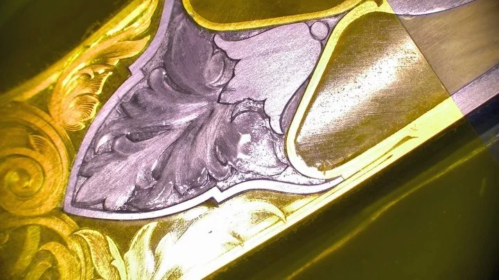 The process.  Part 3/4
A start of a beauty made by @trovereynderknives for @artknifeinvitational this year. It&rsquo;s a good one. 

More sculpting, filing, stoning, polishing, stippling and preparing for raised inlay.

I filmed and edited a bunch of