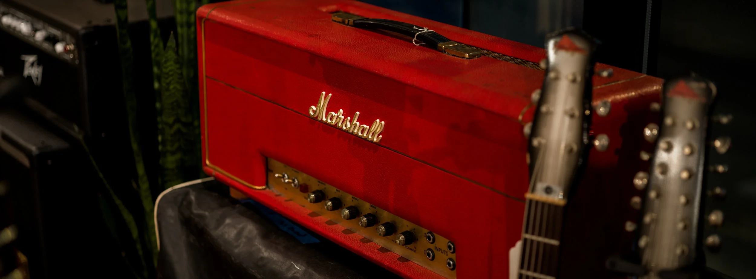 Close up of a red Marshall amp