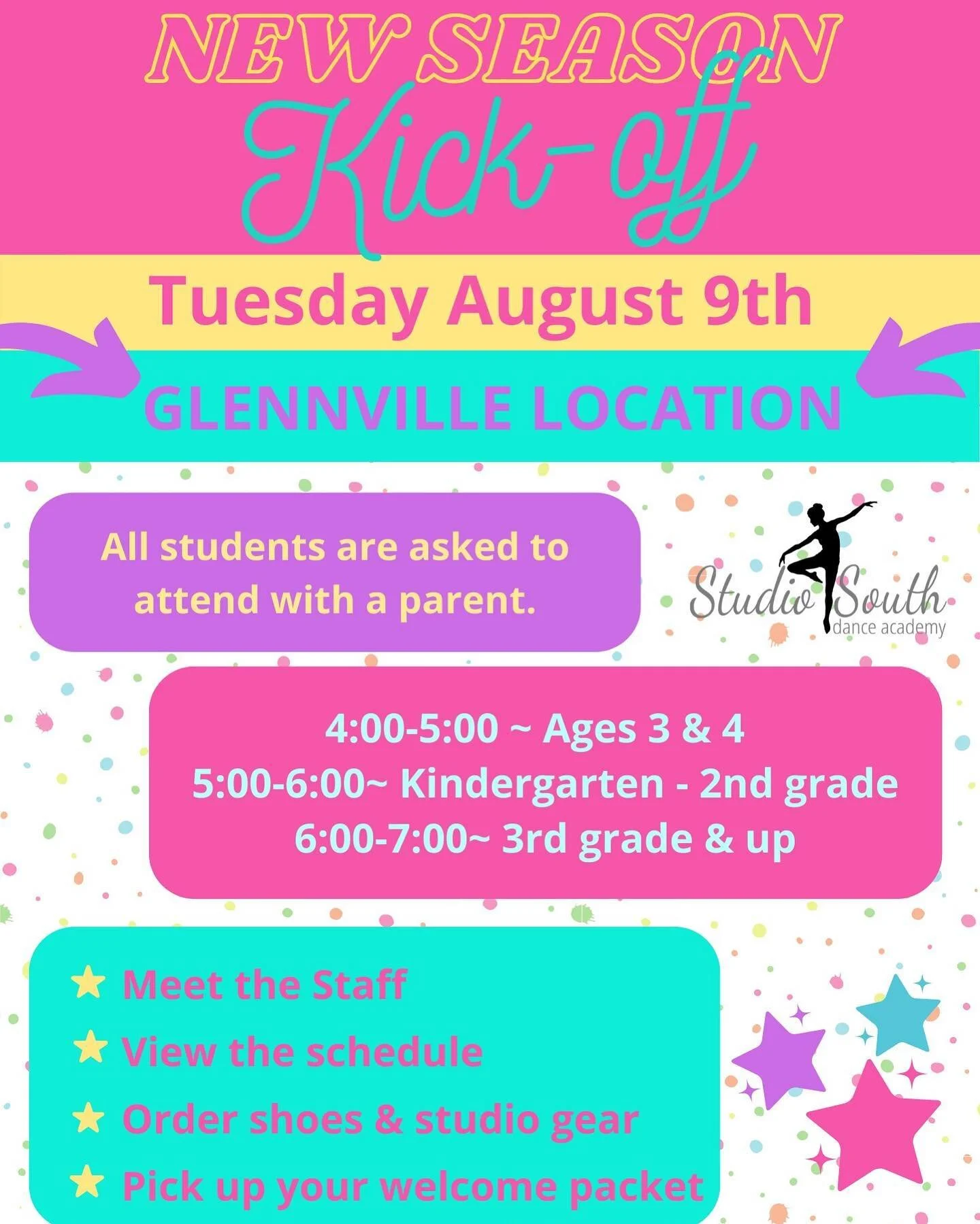 We are ready to kick-off a new season of dance and gymnastics! Please pre-register by this FRIDAY to ensure that your child is included on the roster and that your child&rsquo;s welcome packet will be ready for you at the kick-off event. Link to regi