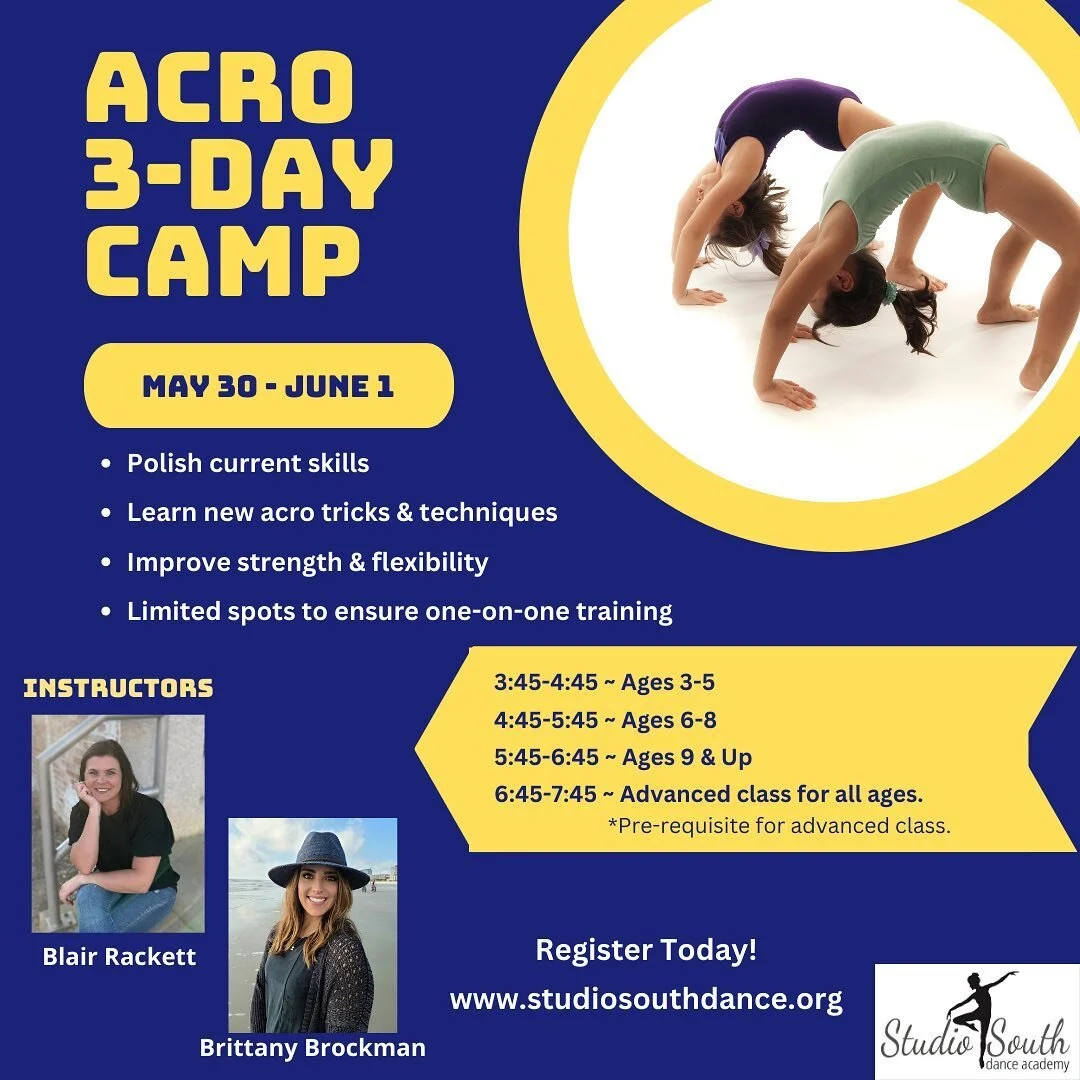 We are flipping-out over this camp! This is a great opportunity to level-up your acro skills! Rates increase soon. Be sure to secure your spot today! 🤸🏻&zwj;♀️