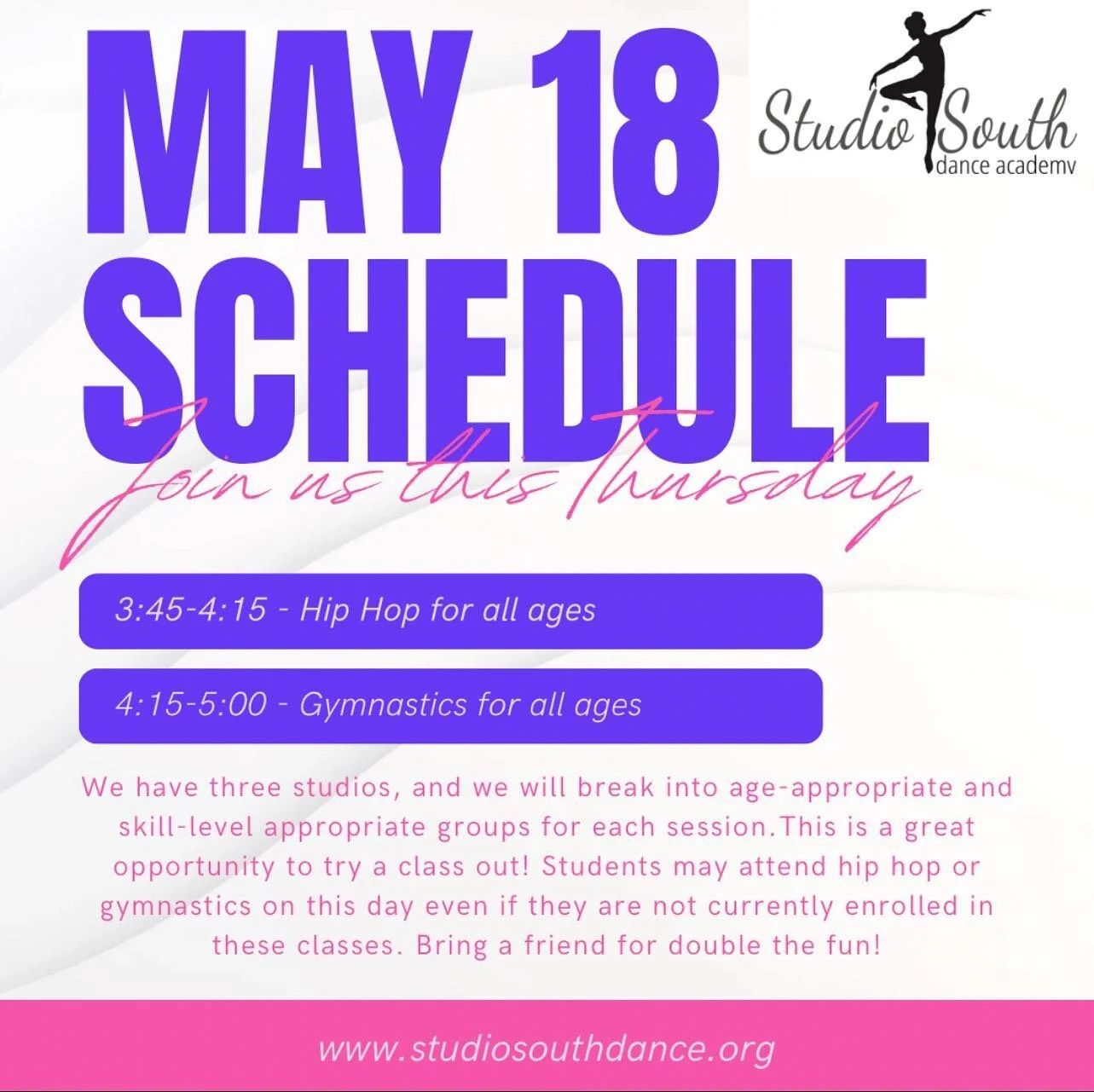 We have an adjusted schedule for our last day in the studio! We can&rsquo;t wait to dance and tumble with everyone!