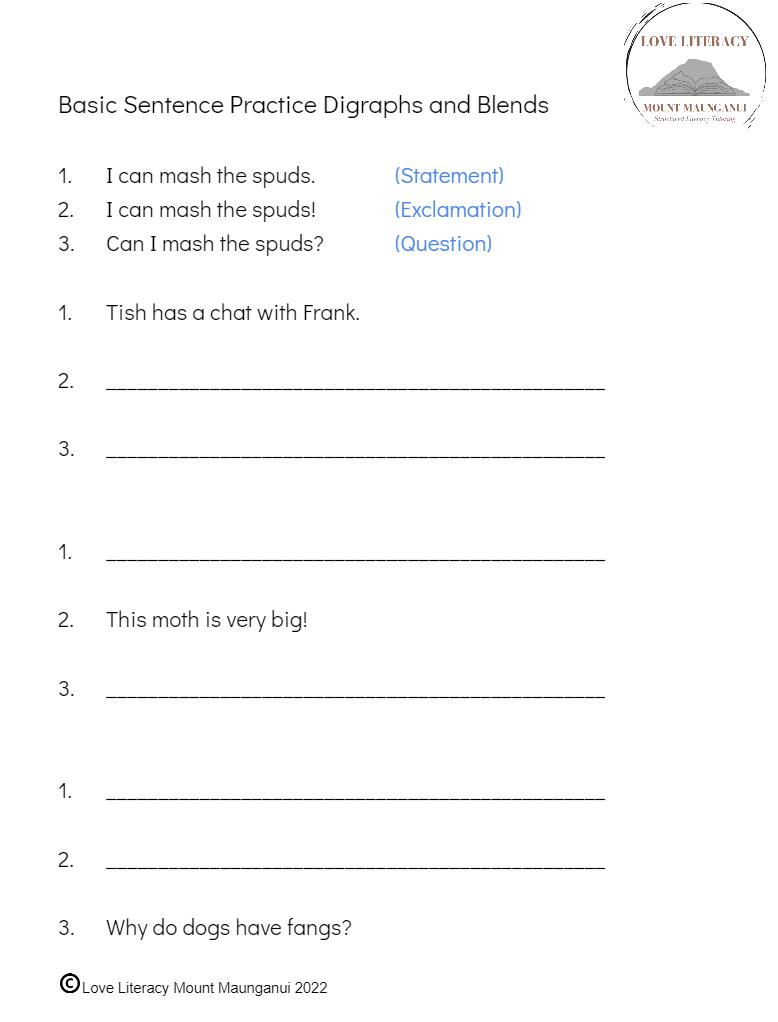 Basic Sentence Types Worksheet - Digraphs and Blends
