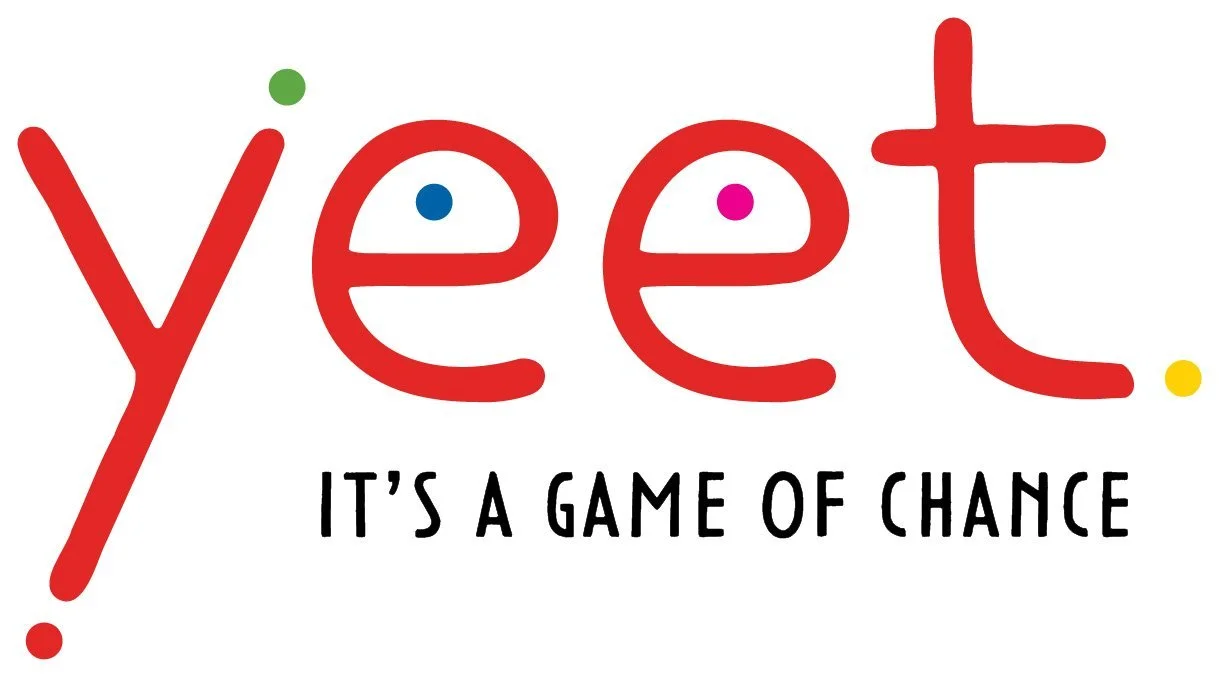 Colorful logo of the word 'yeet' in red with multicolored dots over the letters, and a tagline below that reads 'It's a game of chance' in black text.
