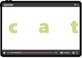 The image shows the word 'cat' written in greenish-yellow lowercase letters on a white background.