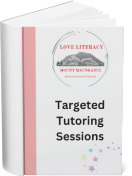 Book titled "Targeted Tutoring Sessions" with a white cover, pink spine, and a logo for Love Literacy Mount Maunganui featuring a boat and star patterns.