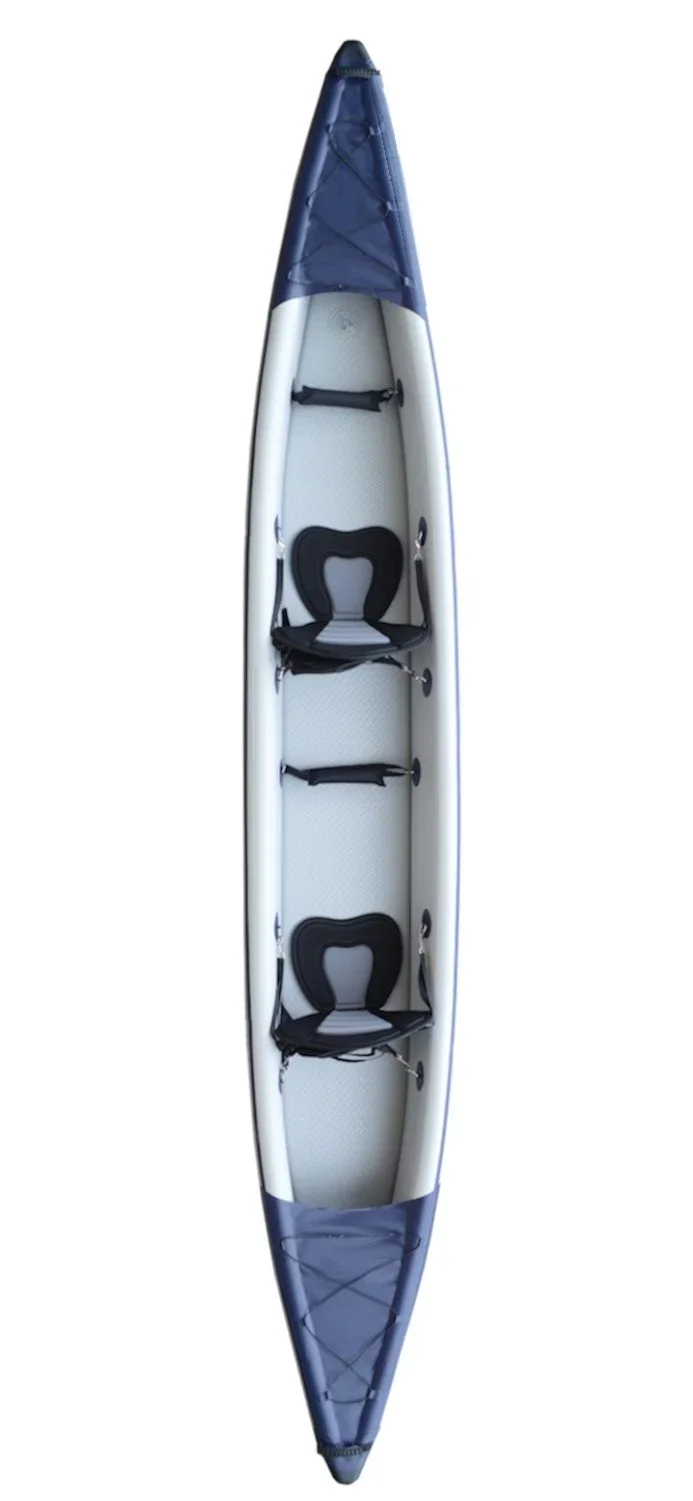 A grey and navy blue inflatable kayak with two adjustable black seats and paddles