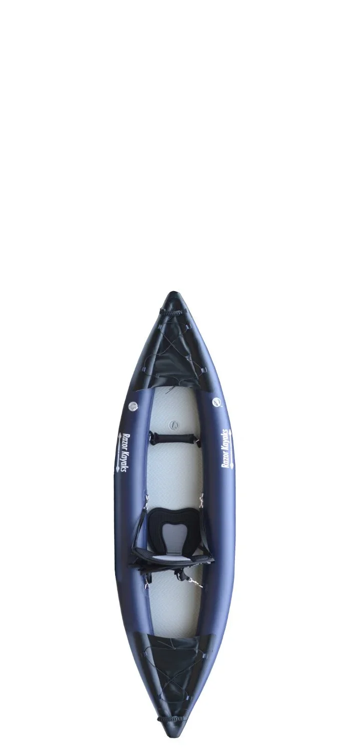 Inflatable kayak with seating and bungee cords, black and blue color, branded 'Razor Kayaks'