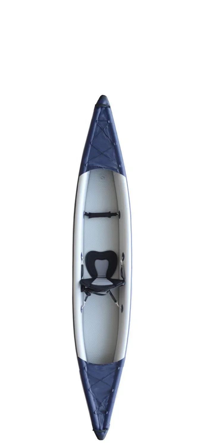 Top view of a grey and blue inflatable kayak with an adjustable seat and storage compartments.