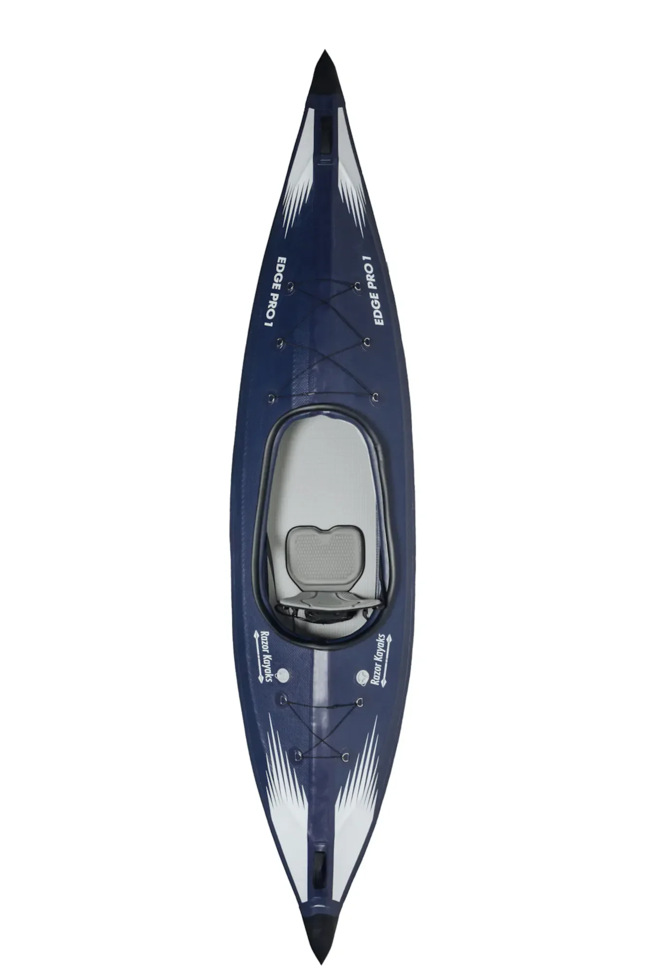 Top view of a blue and white Razor Edge Pro 1 inflatable kayak, showing the seat and deck features.
