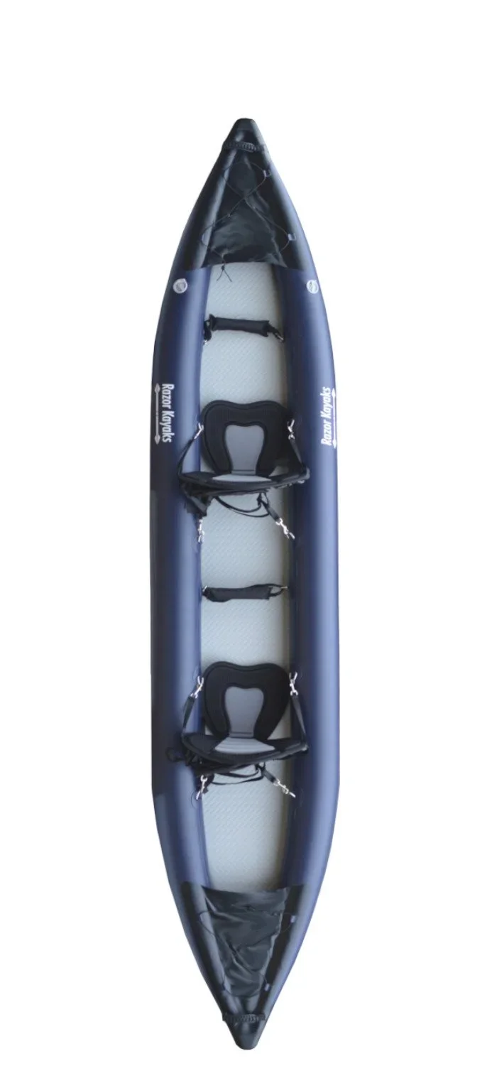 Inflatable tandem kayak with two seats, handles, and storage compartments, labeled 'Razor Kayaks'.