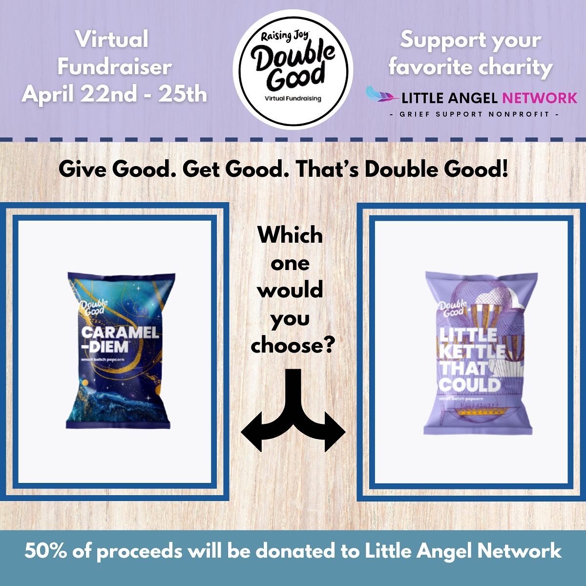 🍿 Good news, you don&rsquo;t have to choose, you can get both!! 🍿

Our virtual fundraiser is here, featuring Double Good gourmet popcorn in delicious flavors like Easy Peasy Caramel Cheesy, Holla-Pe&ntilde;o, It&rsquo;s Peanut Butter Chocolate Time