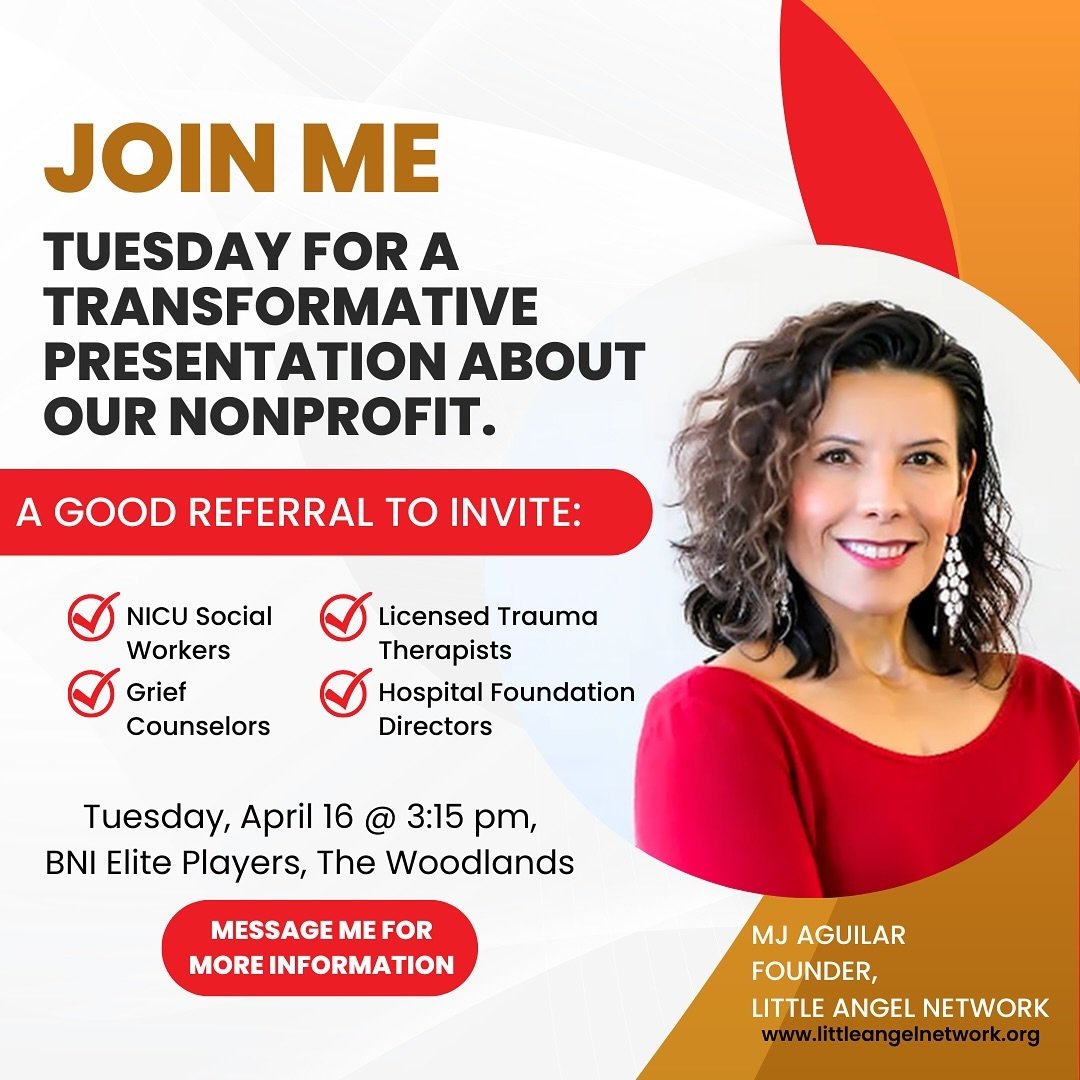 As the founder of Little Angel Network, I warmly invite you to a special presentation this Tuesday, April 16th at 3:15 PM with BNI Elite Players at Dave and Buster&rsquo;s in The Woodlands. I will be presenting on the heartfelt efforts of our nonprof
