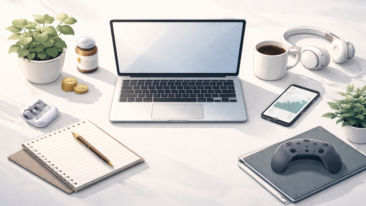 A workspace with a laptop, tablet, smartphone, white headphones, a coffee mug, a plant, a bottle of supplements, a jar of vitamins, some gold coins, a notepad with a pen, wireless earbuds, and a game controller on a white surface.