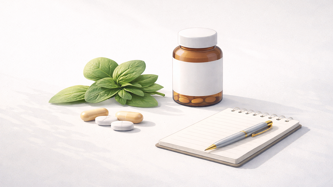 Herbal supplements, pills, fresh basil leaves, a notepad, and a pen on a white surface.