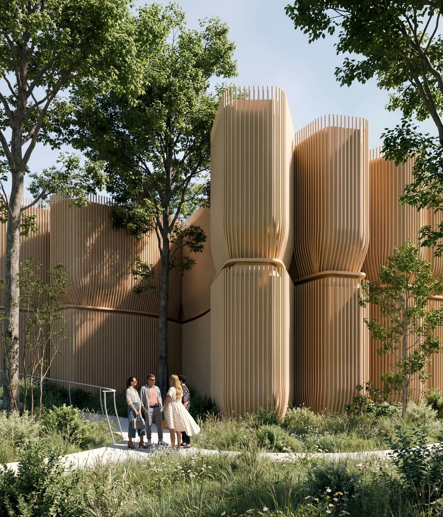 Close-up of the bark facade system for House of Elements, showing vertical bamboo lamella profiles rising like tall planters with green roof caps. The timber screen wraps the spiral pavilion as a continuous protective skin.