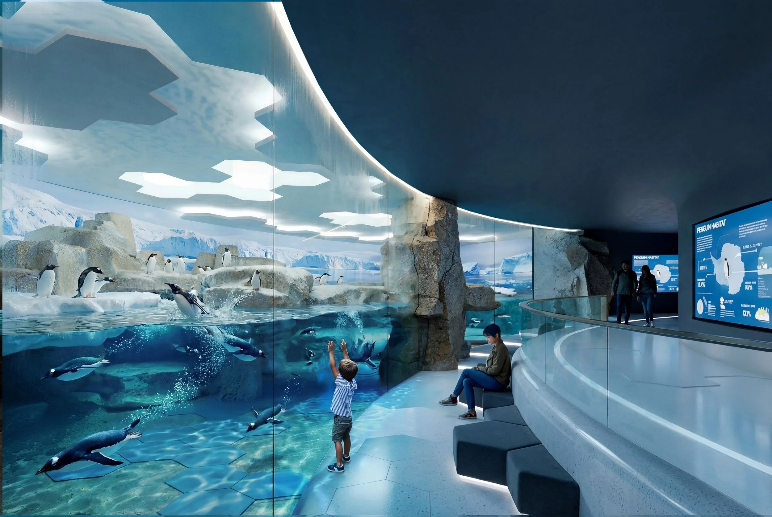 Penguin habitat in the Ice zone with panoramic curved glass showing underwater and above-water views. Icy blue interior with rocky Antarctic terrain, seating for extended viewing, and educational displays along the spiral path.