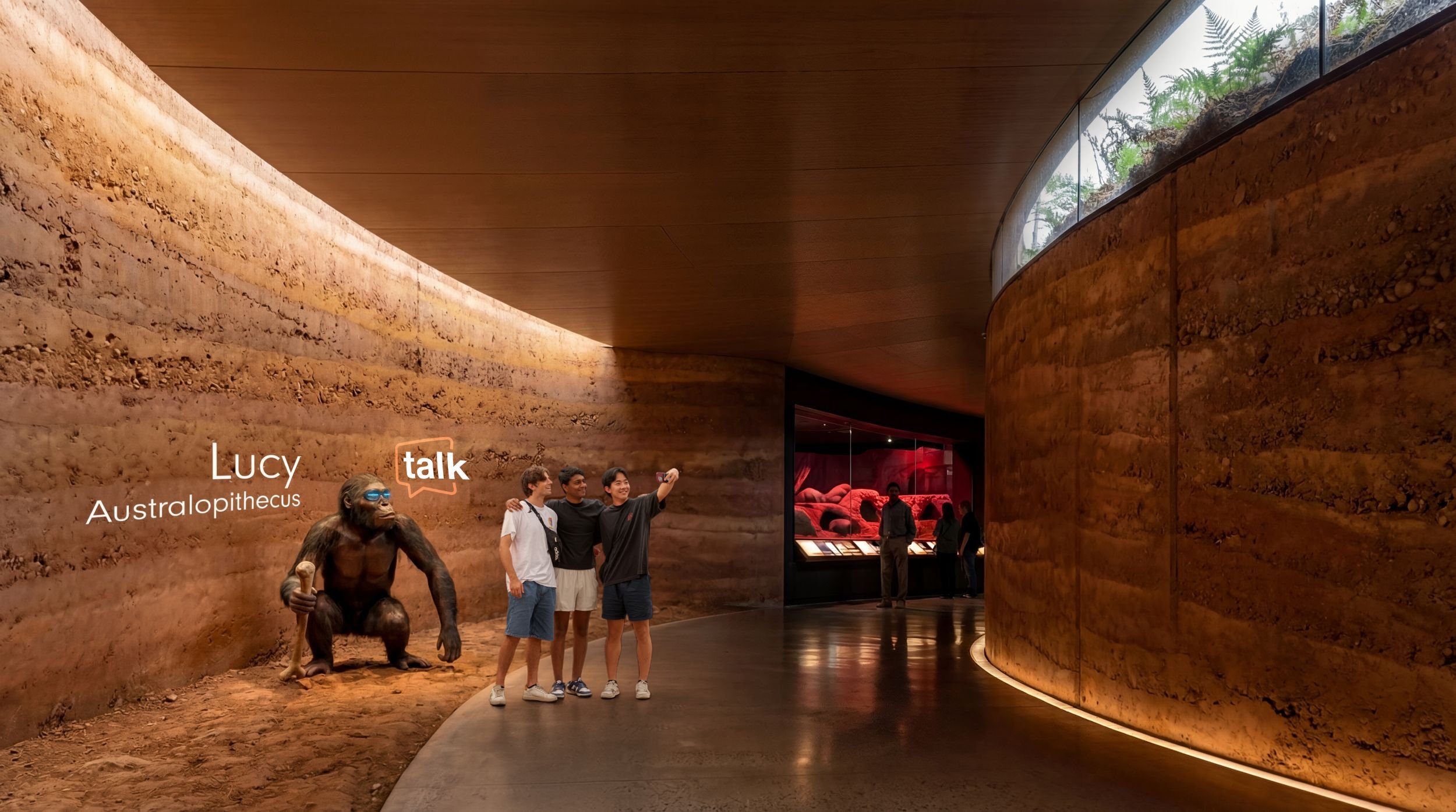 Earth zone sunken passage with curved rammed earth walls and timber ceiling. Visitors descend underground past Lucy the Australopithecus robot guide, beginning the evolutionary journey at life's origin beneath the landscape.