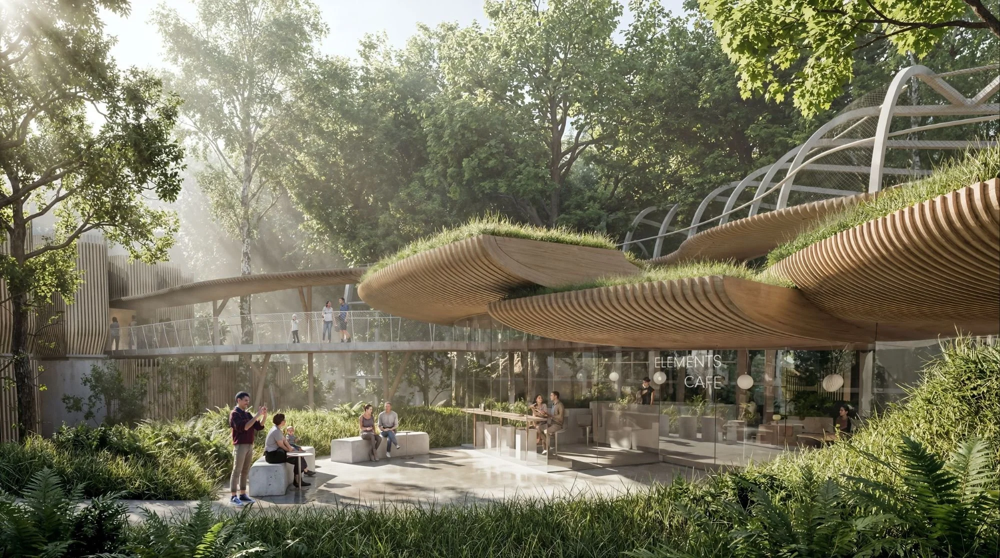 Elements Cafe at treetop level above the Gateway Pavilion, with undulating timber roof topped by meadow greenery. Elevated walkways connect to aviaries while visitors gather in the garden courtyard below.