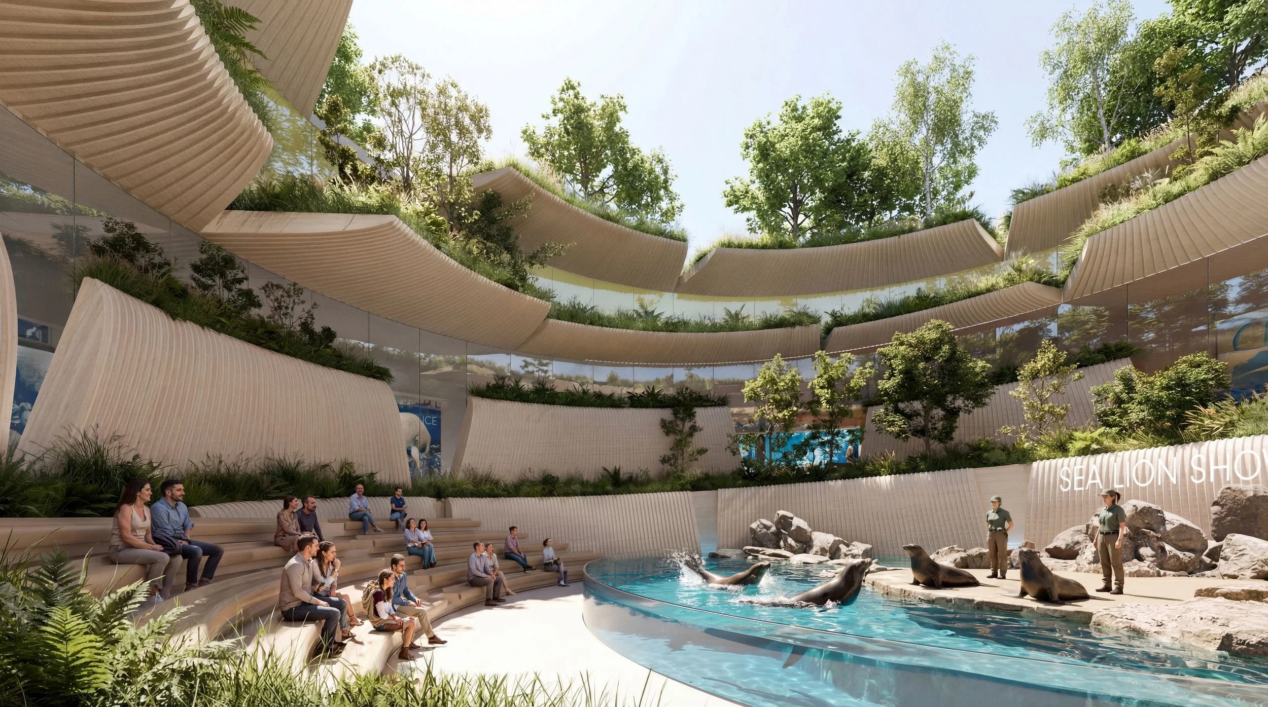 Sea lion courtyard at the heart of the evolution spiral, with stepped timber seating around a central pool. Planted terraces rise in layers above, providing acoustic buffering while visitors on the spiral path glimpse down from multiple levels.