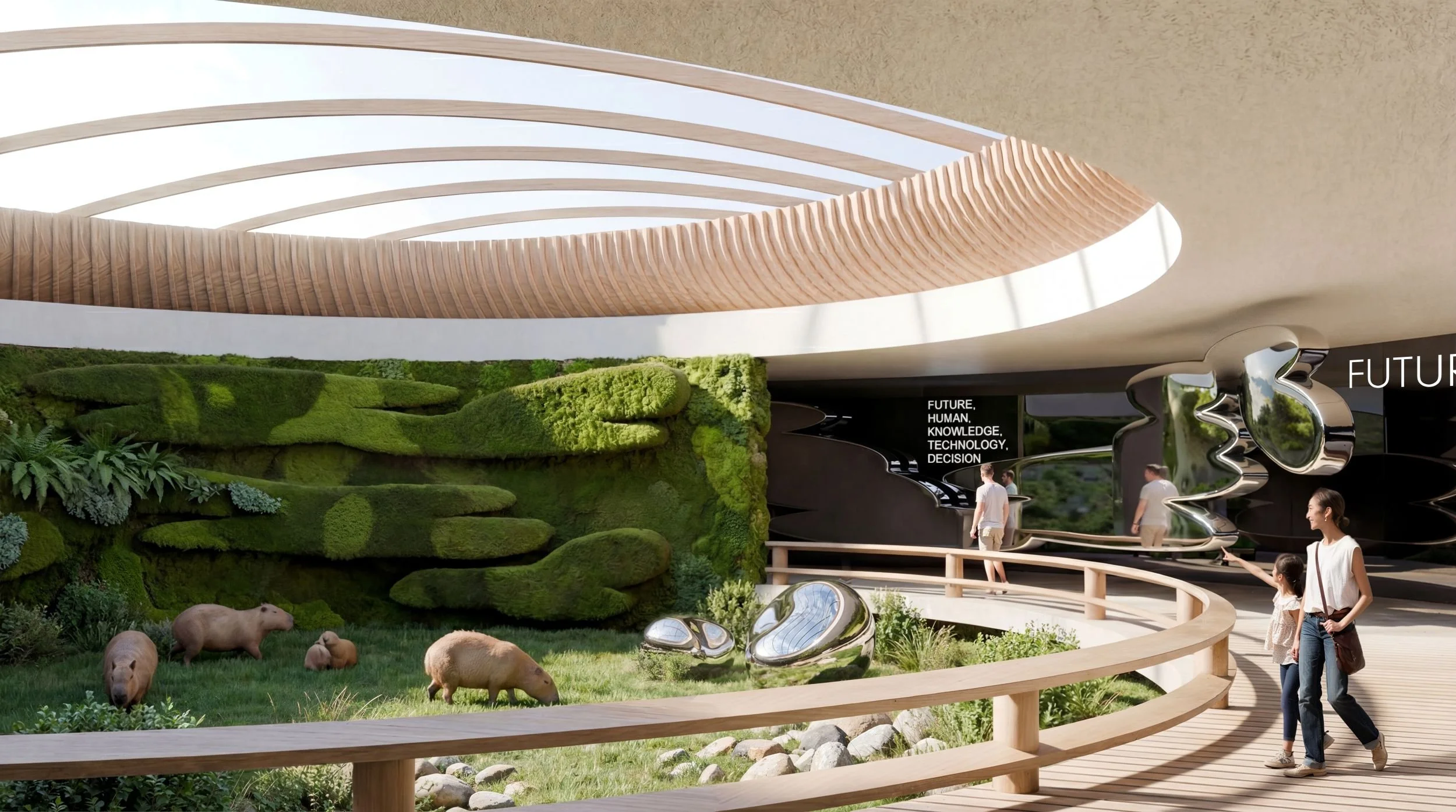 Future zone with capybara habitat beneath a clear glass roof, featuring living moss walls and chrome sculptural pieces. Timber deck ramps curve past the enclosure as the evolutionary journey concludes with a zen-like atmosphere.