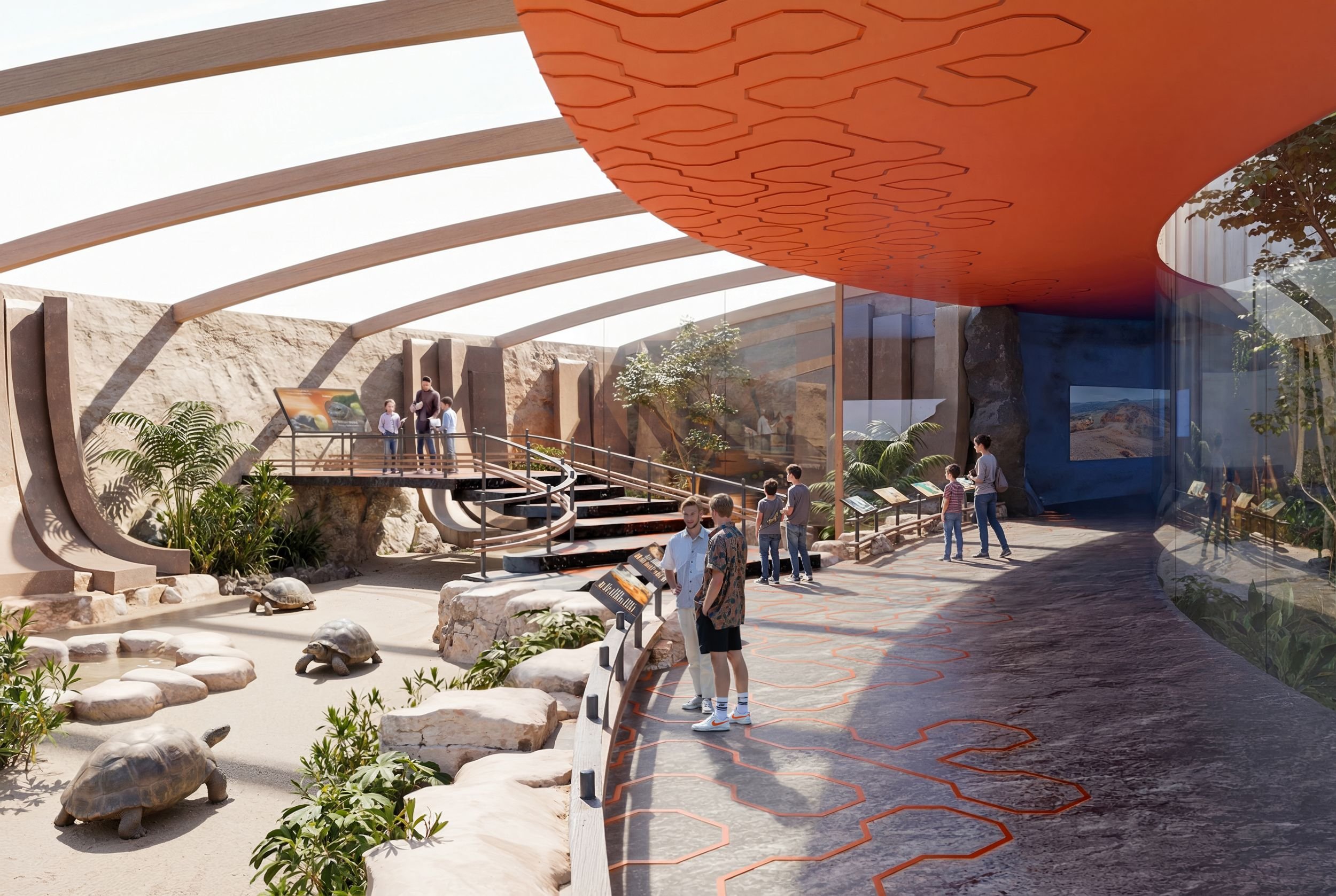 Giant tortoise habitat in the Fire zone, featuring volcanic orange ceiling panels with ethnic patterns, rocky terrain, and ETFE membrane roof. Branching walkways with glass flooring allow visitors to observe tortoises from above.