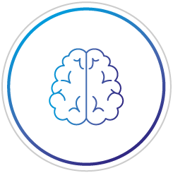 A blue circular logo with an outline of a human brain inside.