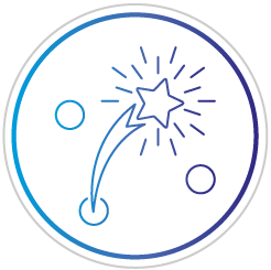 A circular logo with a dark blue fire work silhouette inside a gradient blue background.