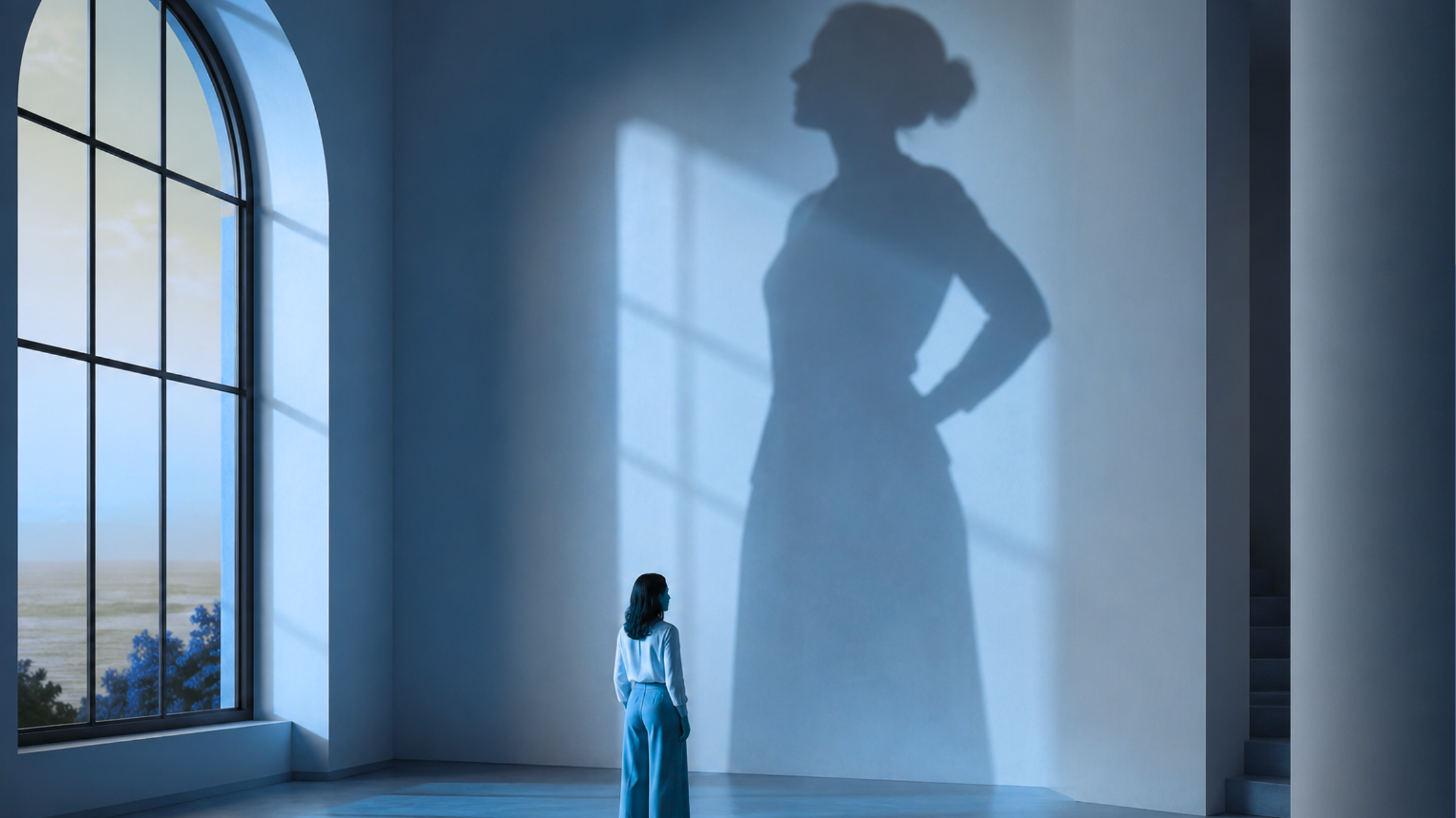 A woman in a white outfit looks up at her shadow on the wall, which shows her differently to how she actually looks, with a more elaborate hairstyle. She is inside a room with large arched windows and sunlight streaming in.