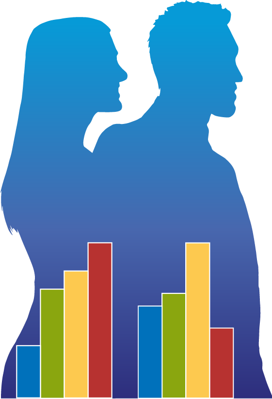 An image of 2 people in shades of blue with bar charts inside them to represent their different Insights Discovery®️ personality profiles.