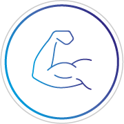 Blue circular logo with a line drawing of an arm flexing a bicep muscle inside.