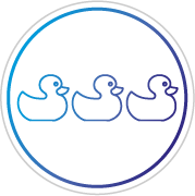 Blue circular logo with three rubber duck toys lined up in a row inside.