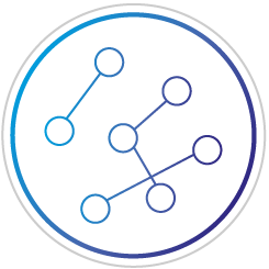 Blue circular logo with a line drawing of 7 small circles inside, connected by 4 lines. They are like dots that have been connected.